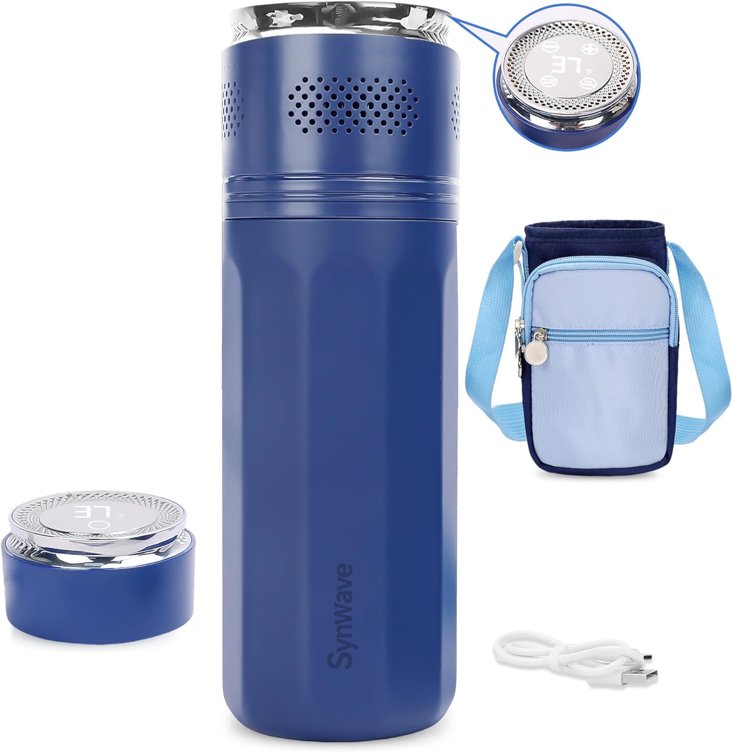 Insulin Cooler Travel Case for 4 Pens,Medication Cooler for Travel with Temp Display&Ice Packs，Diabetic Insulin Case with Portable Cup Sleeves，Supports Mobile Power Cooling，TSA Approved(Blue)