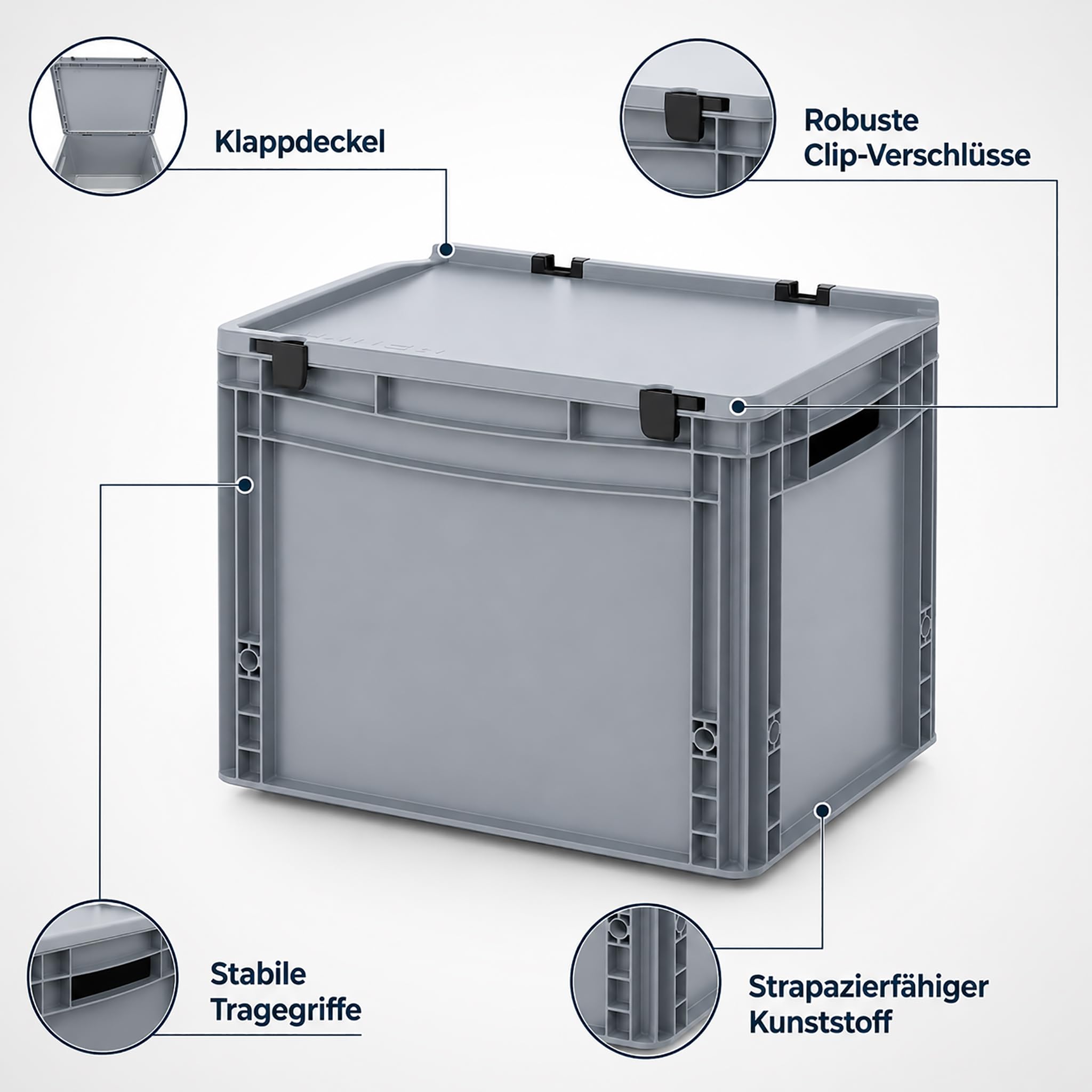 3 X AUER Eurobehälter mit Schanierdeckel ED 43/32 | 40 x 30 x 33,5 cm Stapelbox Lagerbox Keller-Kiste robust und leicht