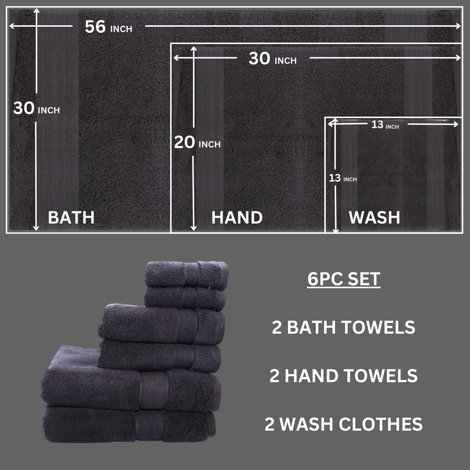 Toalla de baño ultrasuave y de alta calidad, 700 g/m², juego de 6 piezas, 2 toallas de baño, 2 toallas de mano y 2 toallas de baño, 100% algodón, suaves, absorbentes, de lujo (negro)