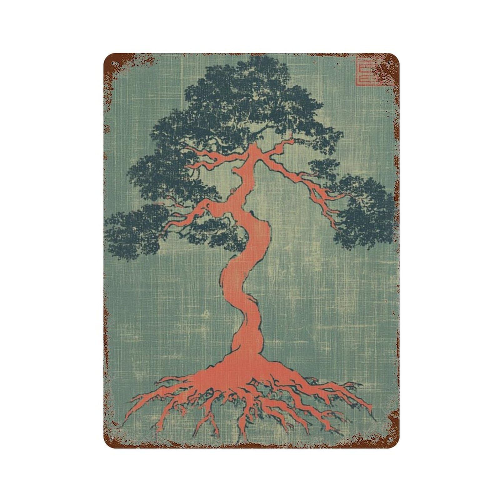 xiaoxiaoshen Bonsai Tree Japanese Style Minimal Nature Zen Botanical Red Wall Decor Art Metal Tin Poster Modern Home Decor Art Home Bar Shop Decorations Vintage Sign 40x30cm