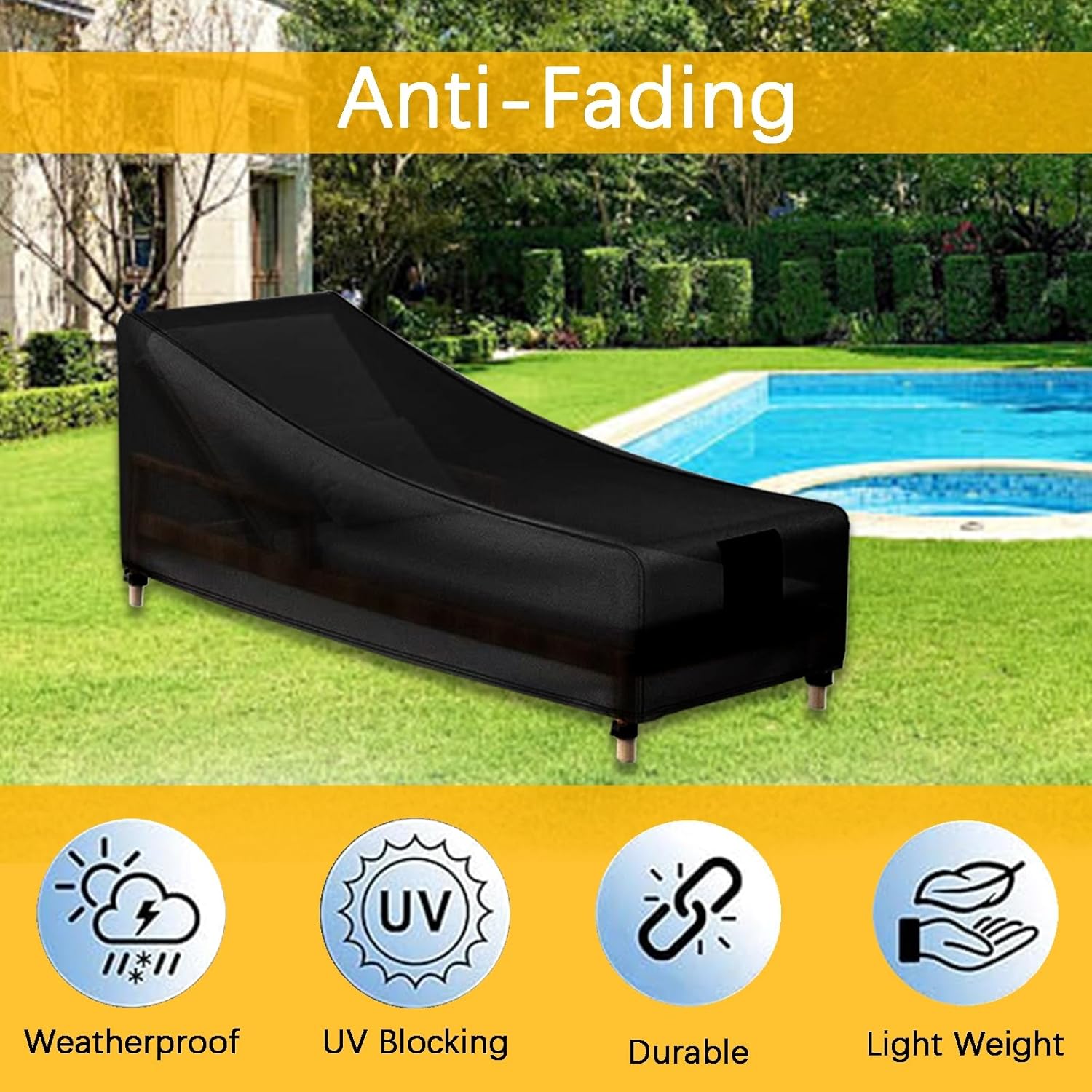 Chaise Lounge Cover, Patio Furniture Covers, Waterproof and UV Resistant, Oxford Heavy Duty, Durable, Weather Resistant Fabric, No Tears,Black,80L x 28W x 30H in