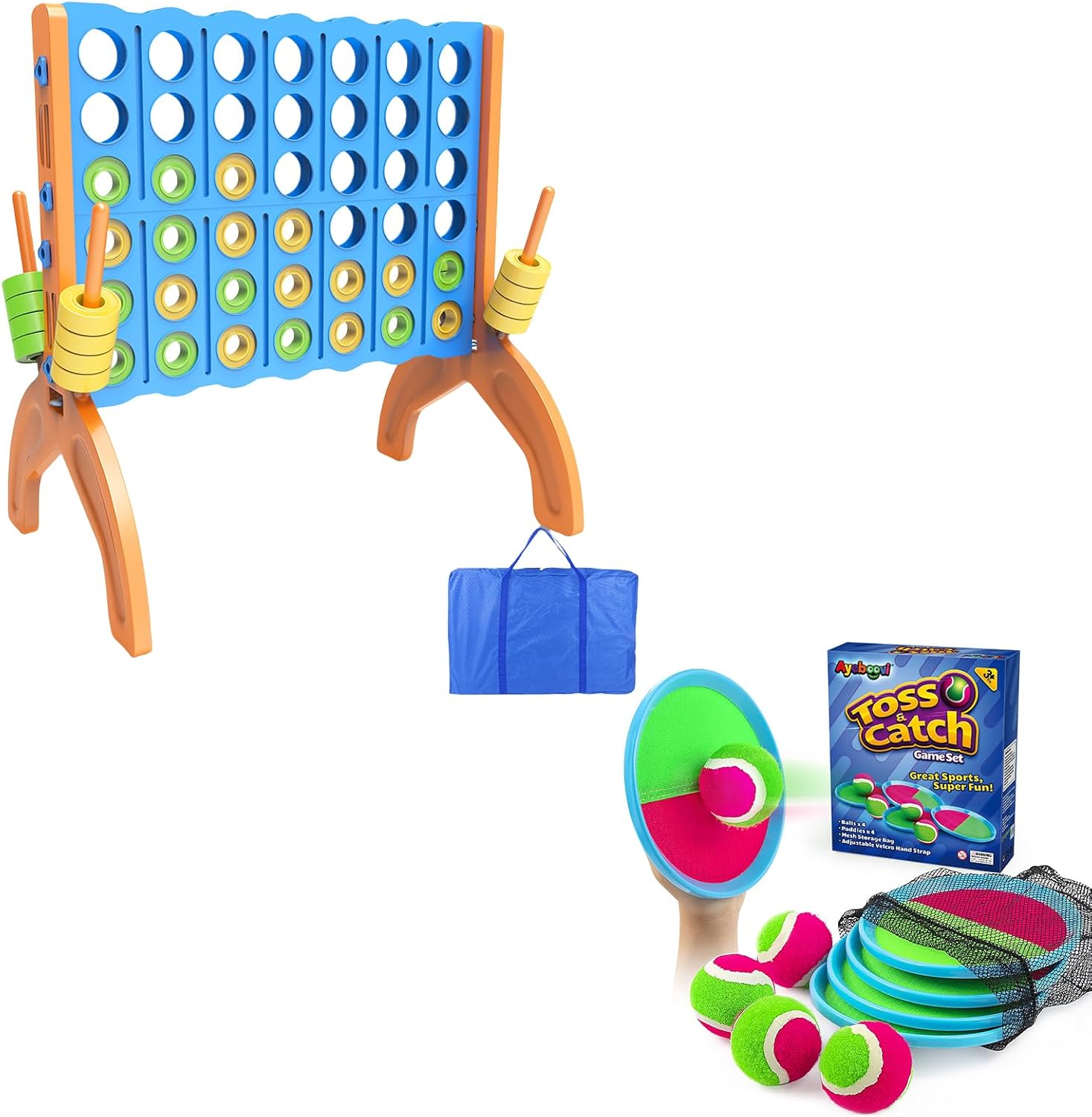 Ayeboovi Giant 4-in-A-Row, Jumbo 4-to-Score Yard Game for Kids and Adults, Polyester, Nylon, Blue, Green, Red, 4 Players, 46 Pieces, Game Set