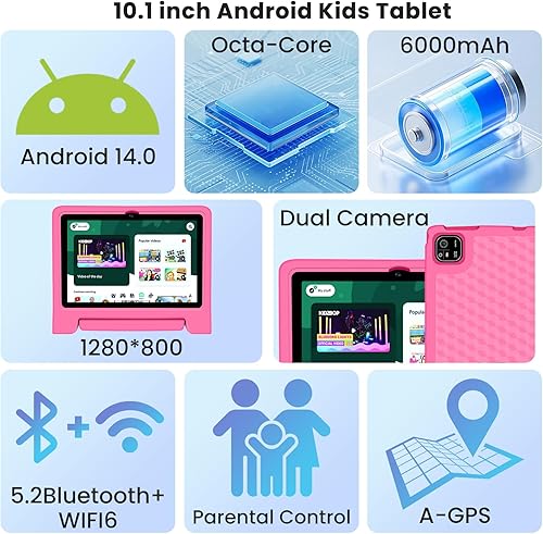 Miniatura 5 de Iconiotk Tablet para niños de 10.1 pulgadas Android 14 Octa-Core 64GB 6000mAh Espacio para niños Control parental 1280 * 800 Pantalla táctil HD