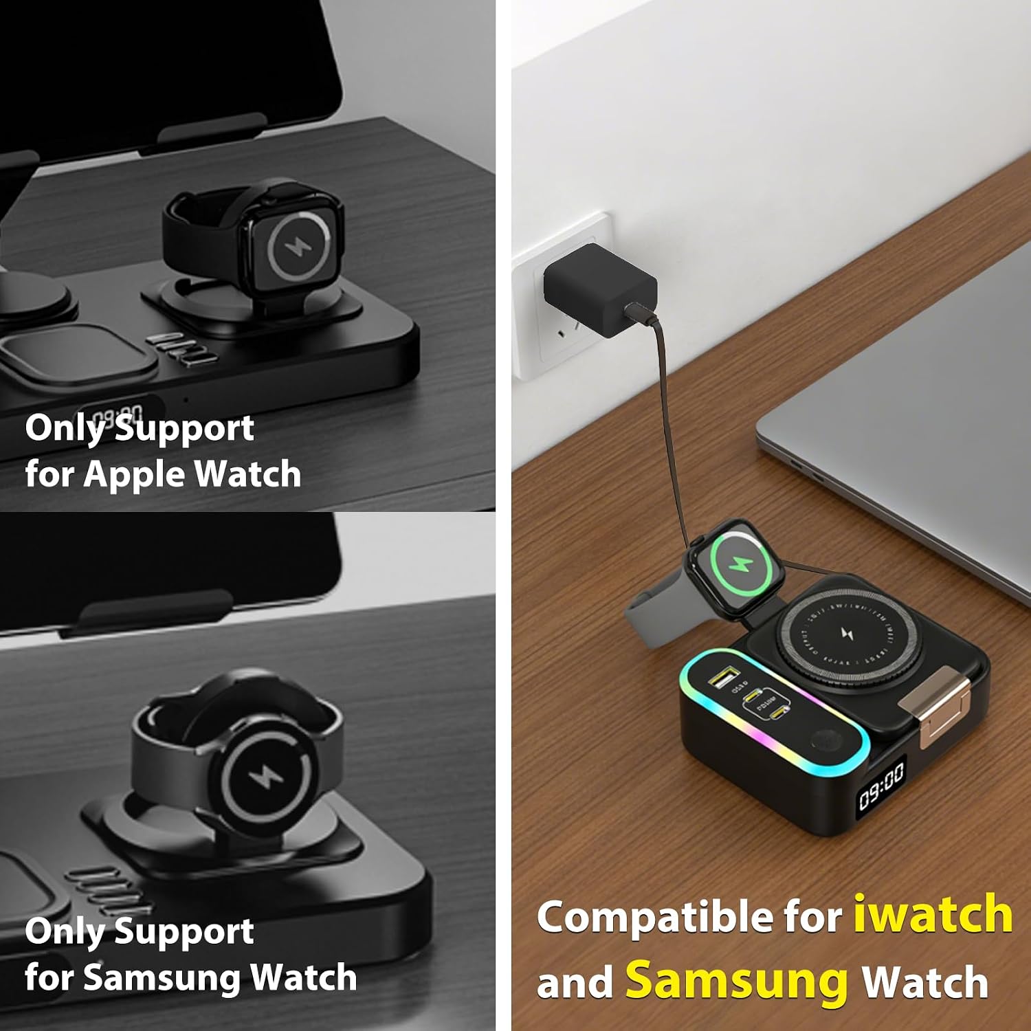 65W 8-in-1 Wireless Charging Station for Apple Samsung Multi-Devices, 3-Ports USB A/C Retractable Charger Stand/Desktop Orgnaizer for iPhone17/16/Galaxy 26/iPad/iWatch AirPods for Home Office, Family