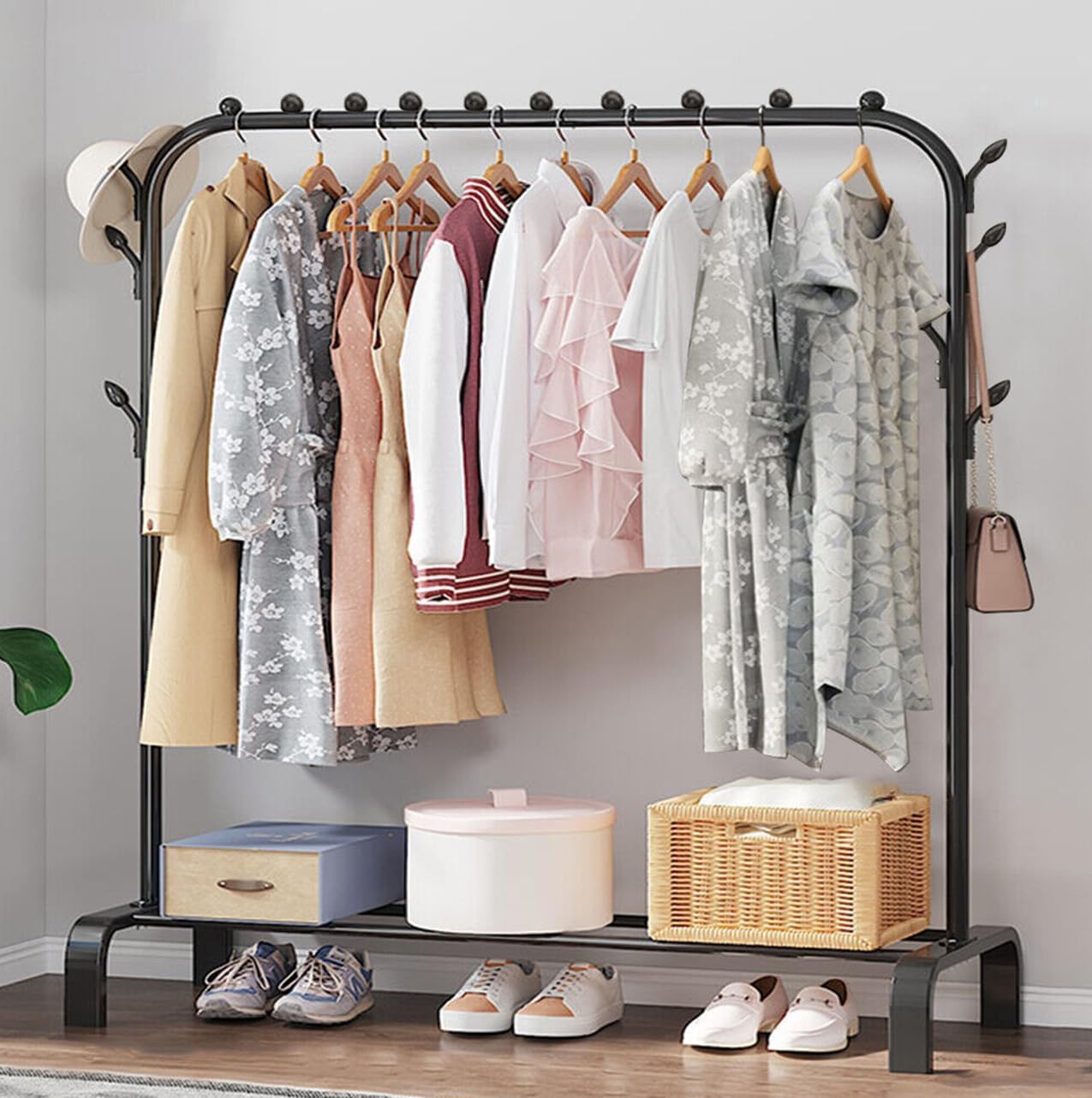 Metal Single Garment Stand with Bottom Shelves Garment Rack Metal Coat Hanging Rack with Multipurpose Shelf Clothes Shoes Blanket Standing Storage Organizer 4 Hooks Coat Rack (Black)