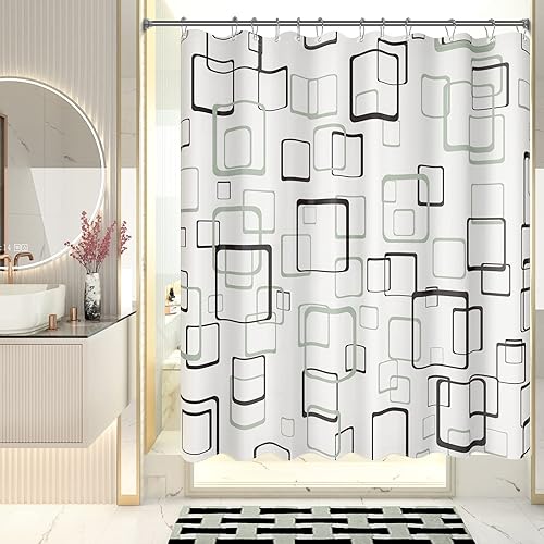 AmazerBath - Juego de cortina para ducha 12 con ganchos, cortina de tela blanca con diseño a cuadros color gris, cortina para baño rústica, 72x72