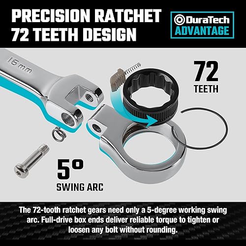 Miniatura 4 de DURATECH Juego de llaves combinadas de trinquete de cabeza flexible de 12 piezas, 72 dientes, métricos, 0.315-0.748 in, acero Cr-v, organizadas en