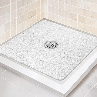 Shower Mat Non Slip,27 x 27 Inch Extra Large Bath Mat with Drain,Soft Square Loofah Shower Stall Mat Bathtub Mat for Bathroom,Without Suction Cups (White)