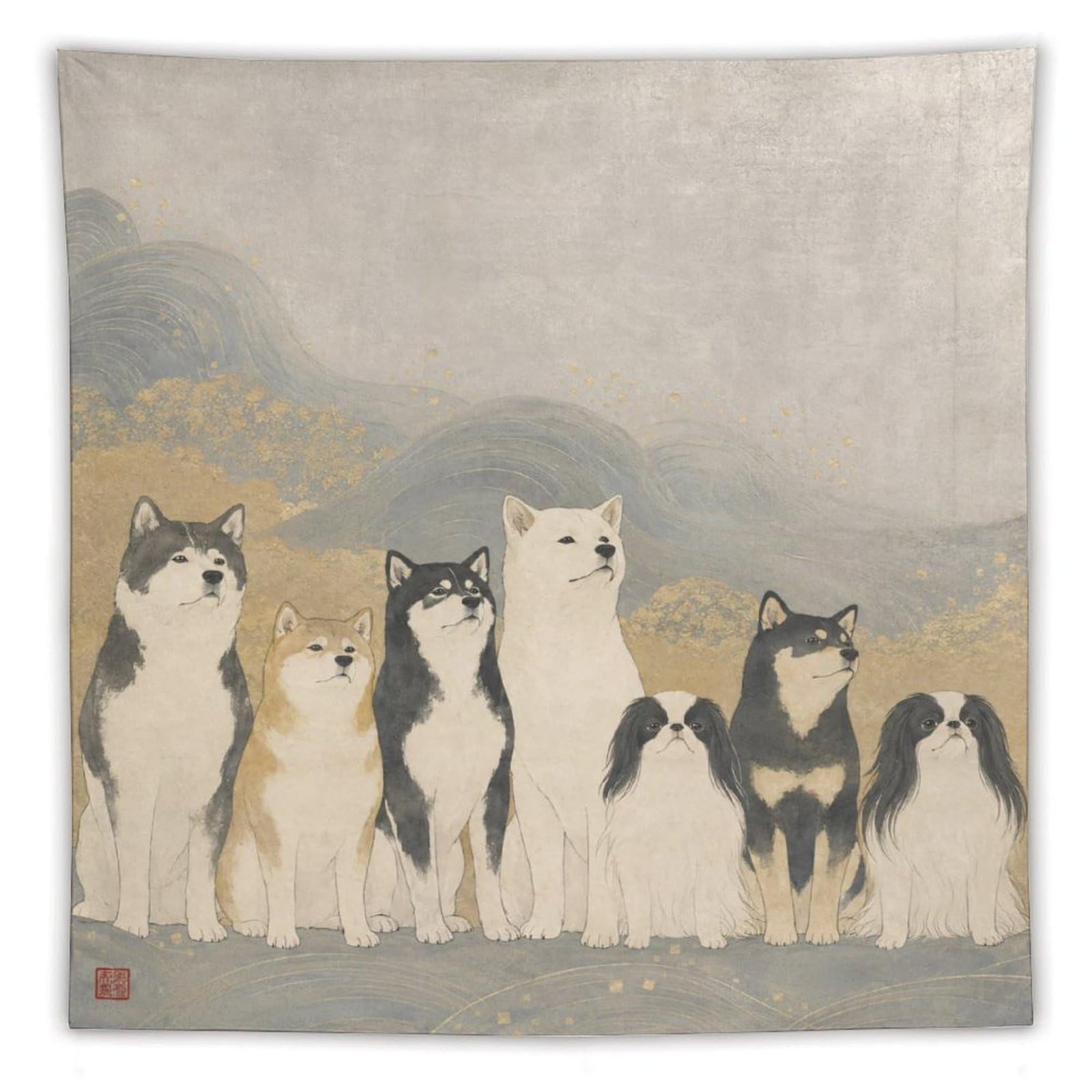 W7C8U2X3 Shiba Inu Group Wall Tapestry, Realistic Illustration, Living Room