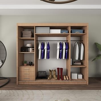 2&3 Sliding Door Wardrobe - Elegant Wardrobe with Double Full-Length Mirror, Hanging Rail & Shelves | Sleek Matt Finish Bedroom Wardrobes with Strong Mdf Construction (Oak, 250cm)