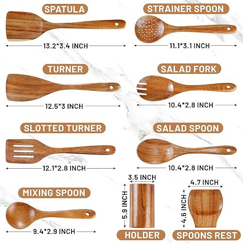 Miniatura 2 de Pleafind Juego de utensilios de madera de teca natural, 9 piezas, cucharas de madera para cocinar, juego de utensilios de cocina de madera con