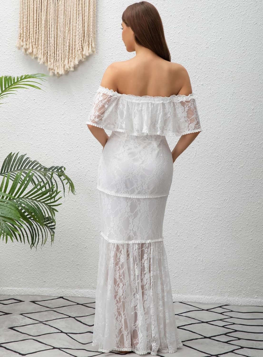 Women's Casual Off Shoulder Lace Maxi Dress Boho White Bridesmaid Wedding Evening Party Dresses - Image 2