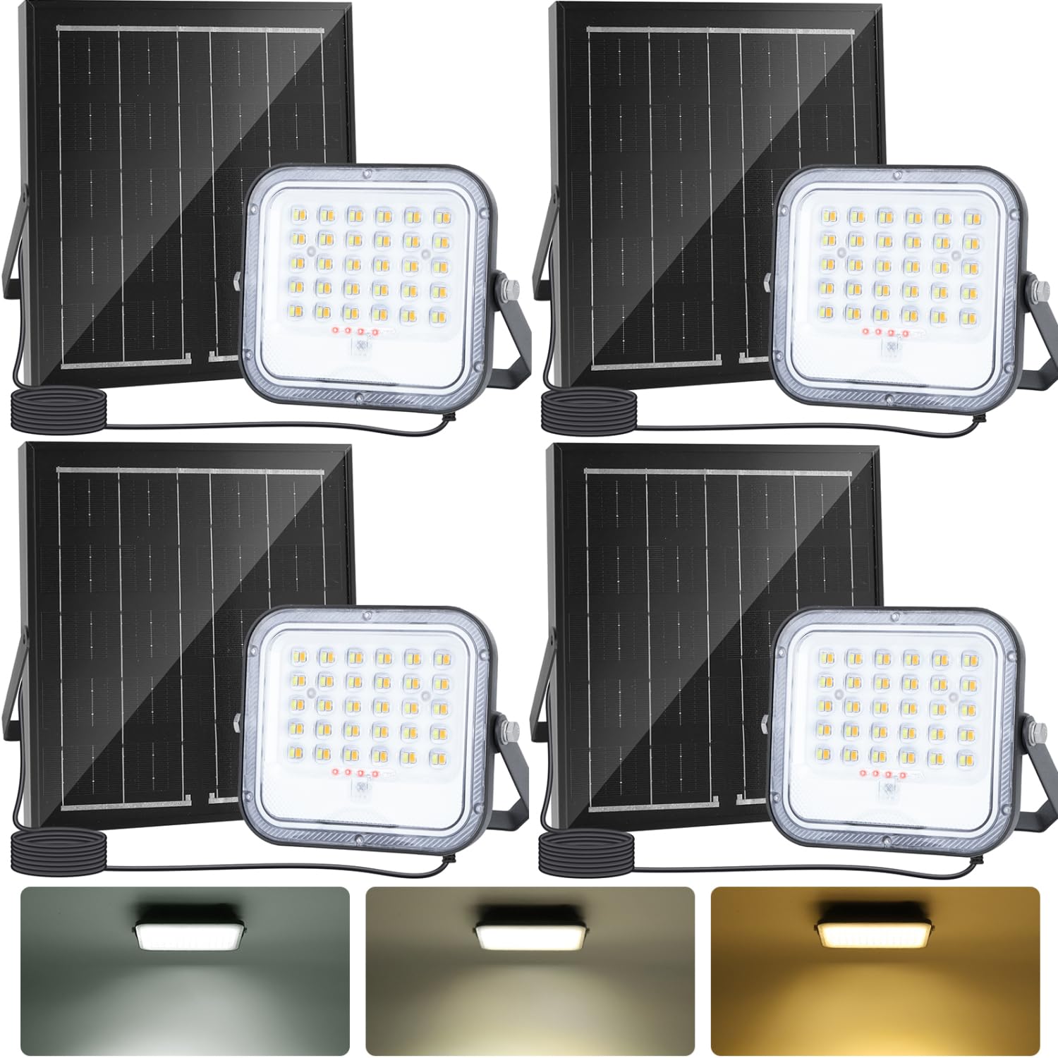 Aigostar- Faro led esterno con grande pannello solare,dimmerabile 3000/4000/6500K,4000mAH,Batteria di grande capacità,Faretto led da esterno solare con telecomando per esterno e giardino,4 Pezzi