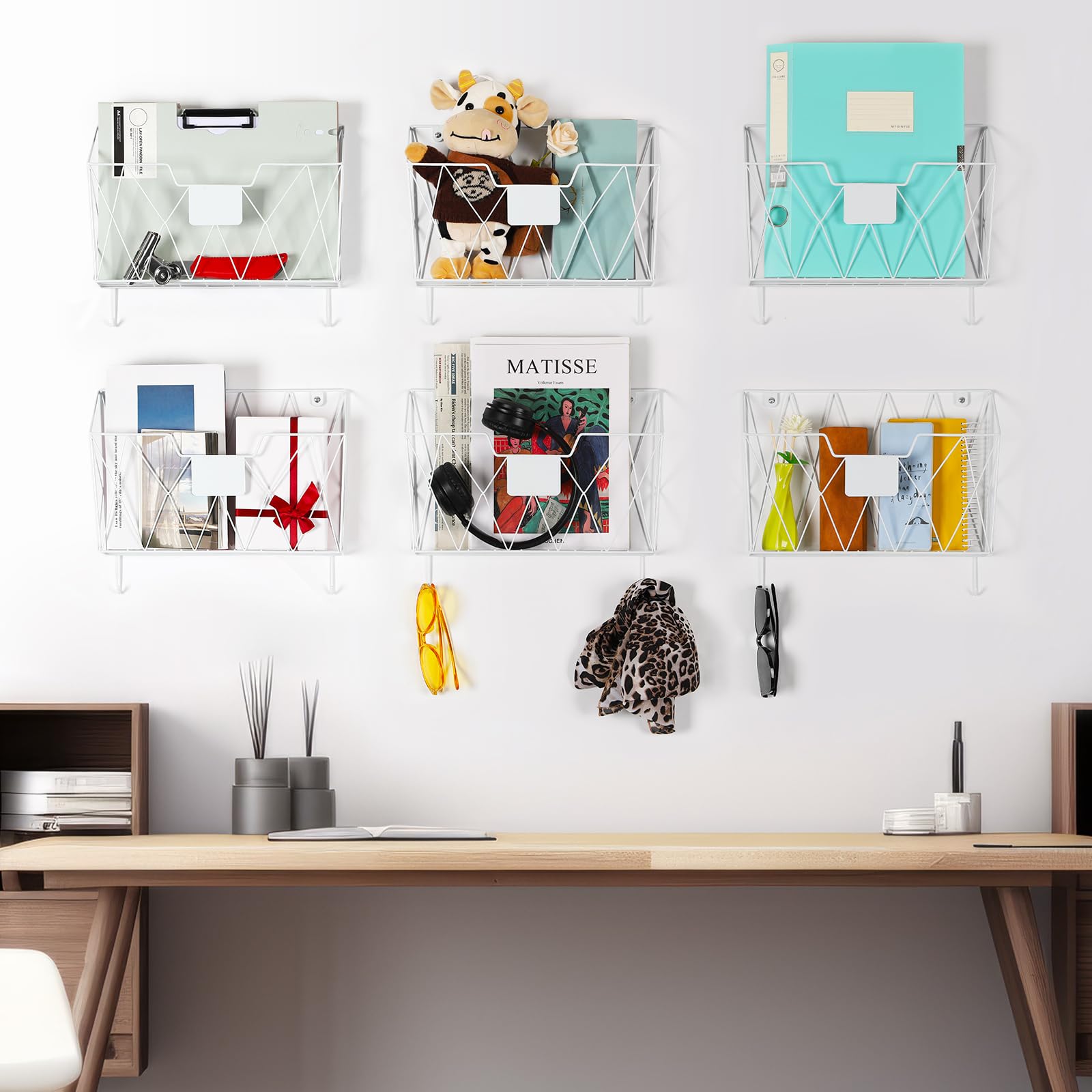 Porta documenti da parete con 6 tasche, organizer da parete, per documenti, appunti e riviste, supporto da parete per ufficio e casa, bianco