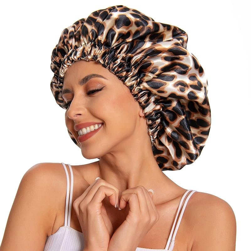 Touca de cetim Edoneery dupla face para dormir, modelo Head002-Leopard