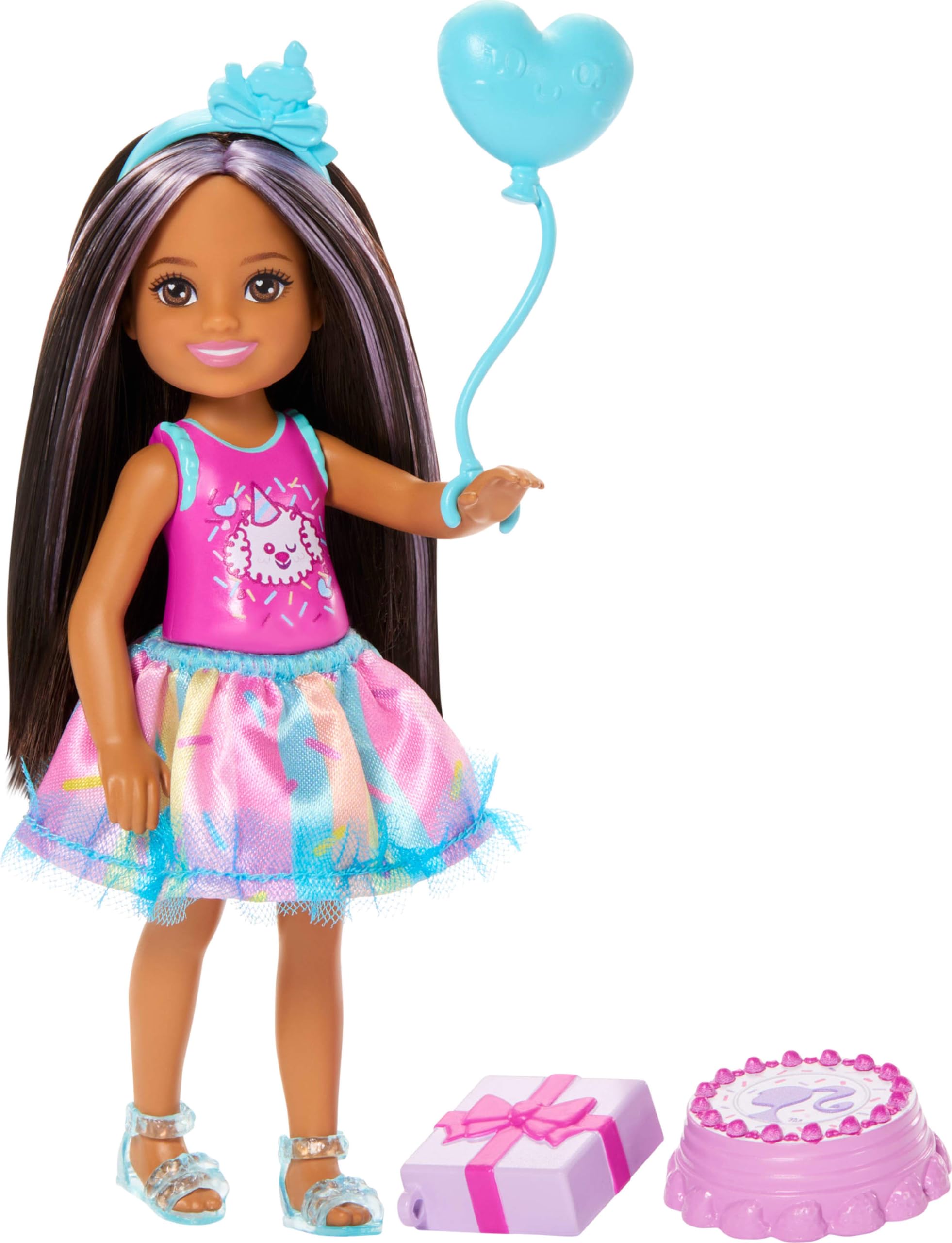 Barbie Club Chelsea 6-Inch Birthday-Themed Small Doll with Purple-Streaked Brunette Hair, Colorful Dress & 4 Party Accessories-image-9