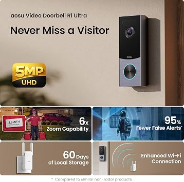 aosu Doorbell Camera Wireless, Local Storage, 5MP Ultra HD, Triple Motion Detection, 2.4/5 GHz WiFi, Built-in 8GB, Rechargeable Battery, Alexa & Google Compatible