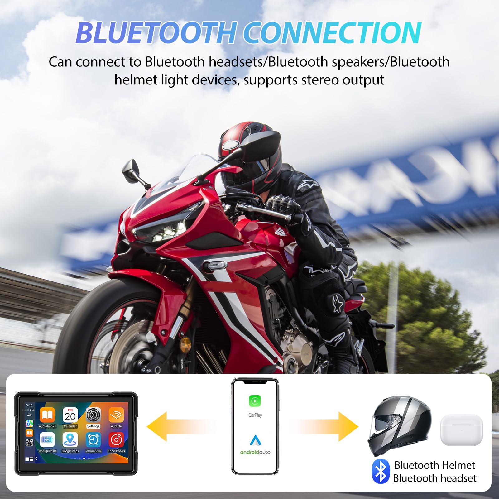 Pantalla GPS Carplay para Motocicleta,Pantalla Coche Carplay y Android Auto Inalámbrico,con IPx7 Impermeable Táctil Pantalla,Bluetooth Trans, Navegación GPS,Control de Voz