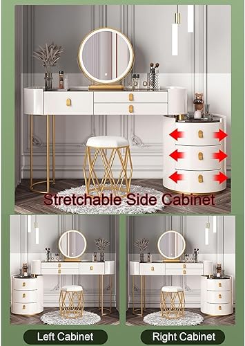 Miniatura 6 de Escritorio de tocador con espejo iluminado y parte superior de cristal, juego de mesa de maquillaje grande con cajones, armario lateral y silla,