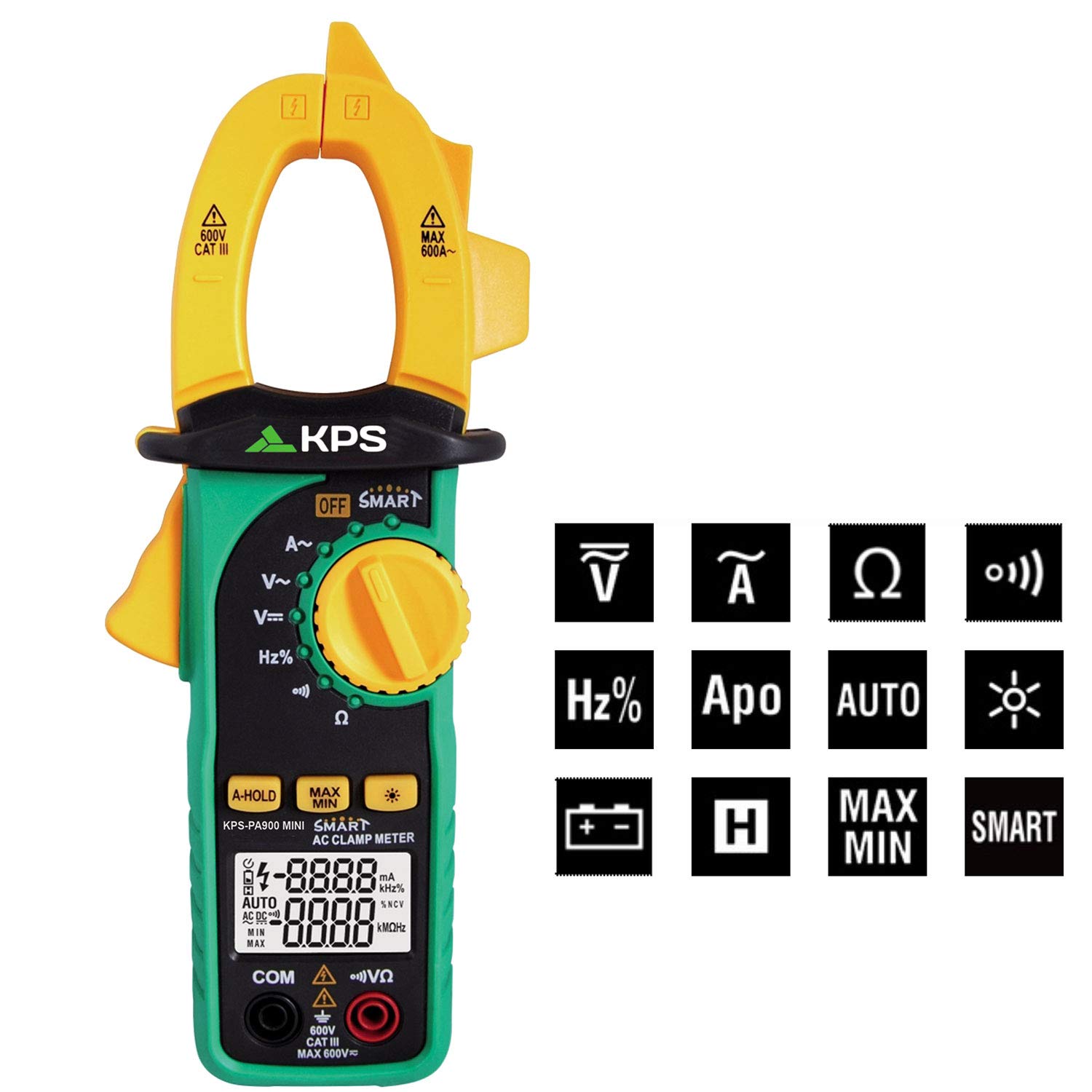 KPS-PA900Mini Pinza amperimetrica digital 6000 cuentas Tension AC/CD 600V, Corriente AC 600A, Resistencia, frecuencia, ciclo de trabajo,MAX/MIN, autodetección de la unidad medida SMART.