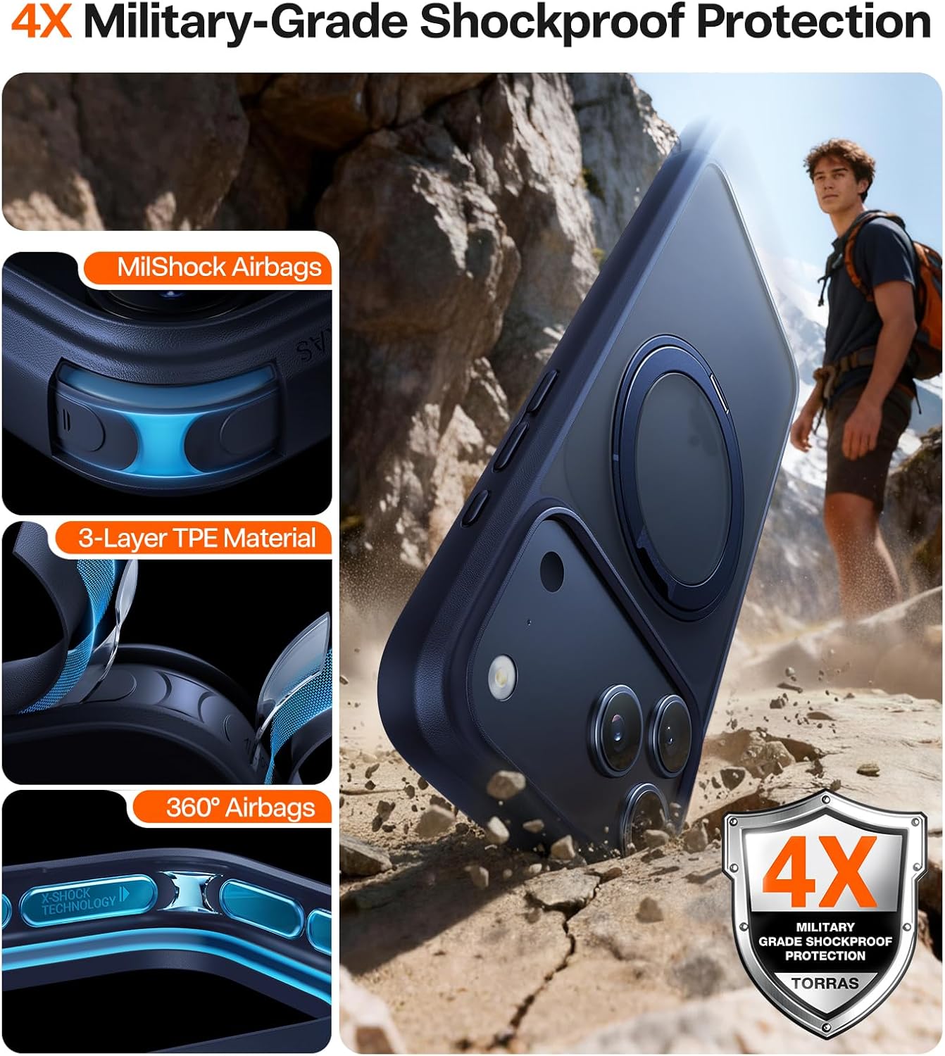 TORRAS Upgraded 360 Magnetic Stand for iPhone 17 Pro Max Case, Fit for MagSafe with Ring, 4X Mil-Grade Protection, Camera Control, Translucent Slim for iPhone 17 ProMax Case Ostand, Deep Blue