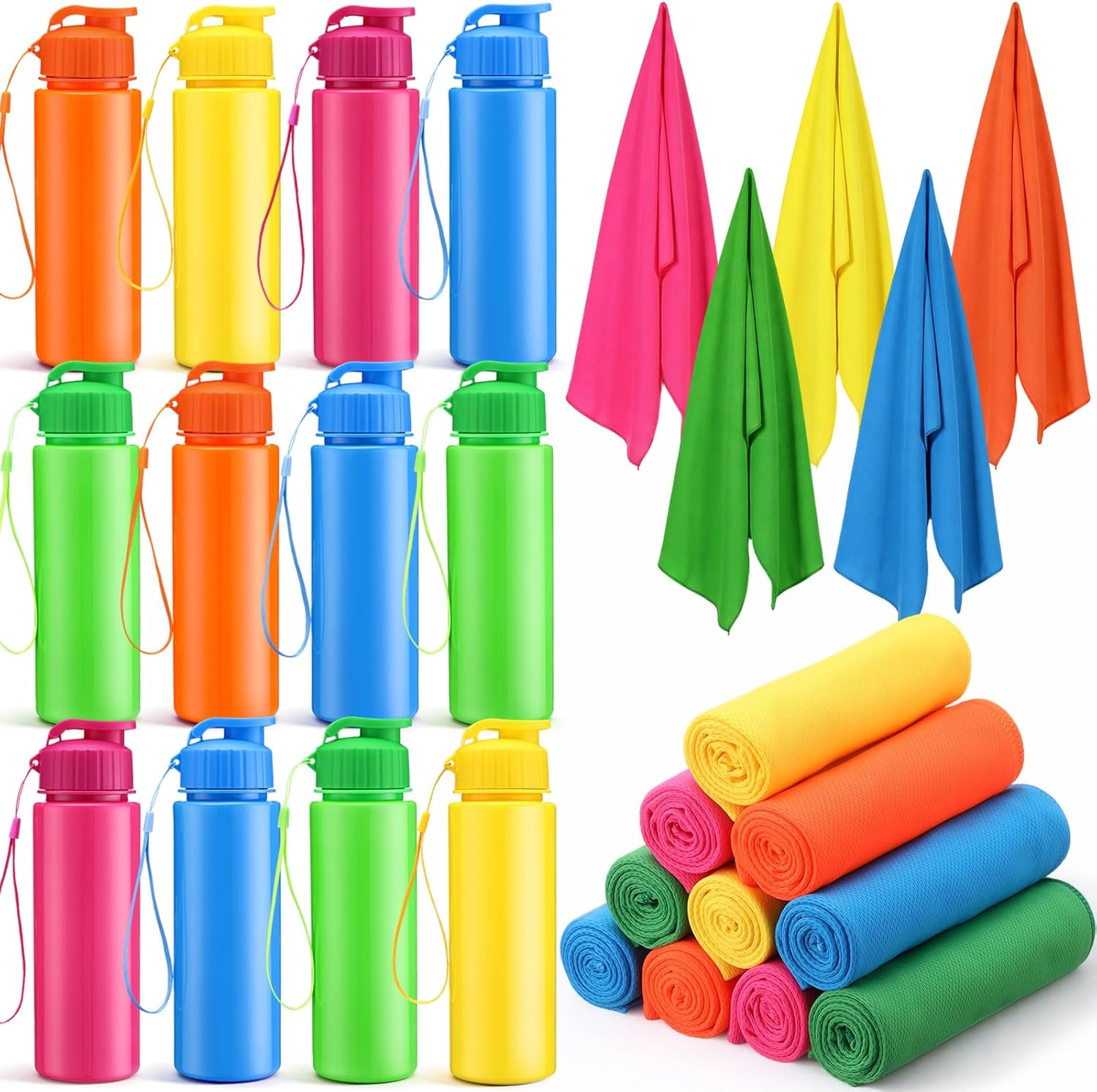 24 Pcs Sports Water Bottle Cooling Towel Set Include 12 Reusable Sports Squeeze Water Bottle 12 Ice Towel Breathable 40"x12" Cooling Towels for Soccer Team Gift (Summer)