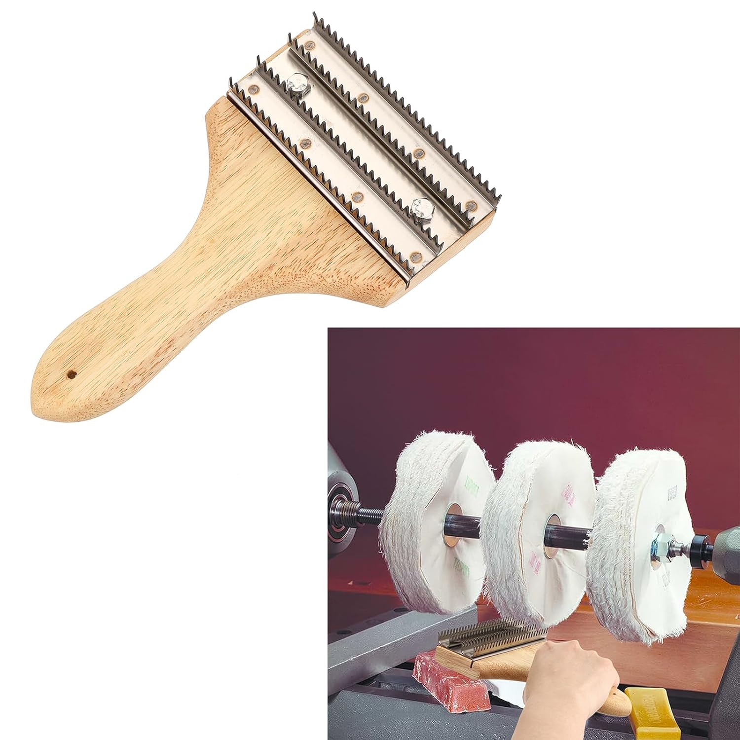 Sumnacon Polishing Wheel Rake with Wooden Handle and Stainless Steel, Buffing Rake for Polishing & Compound Cleaning