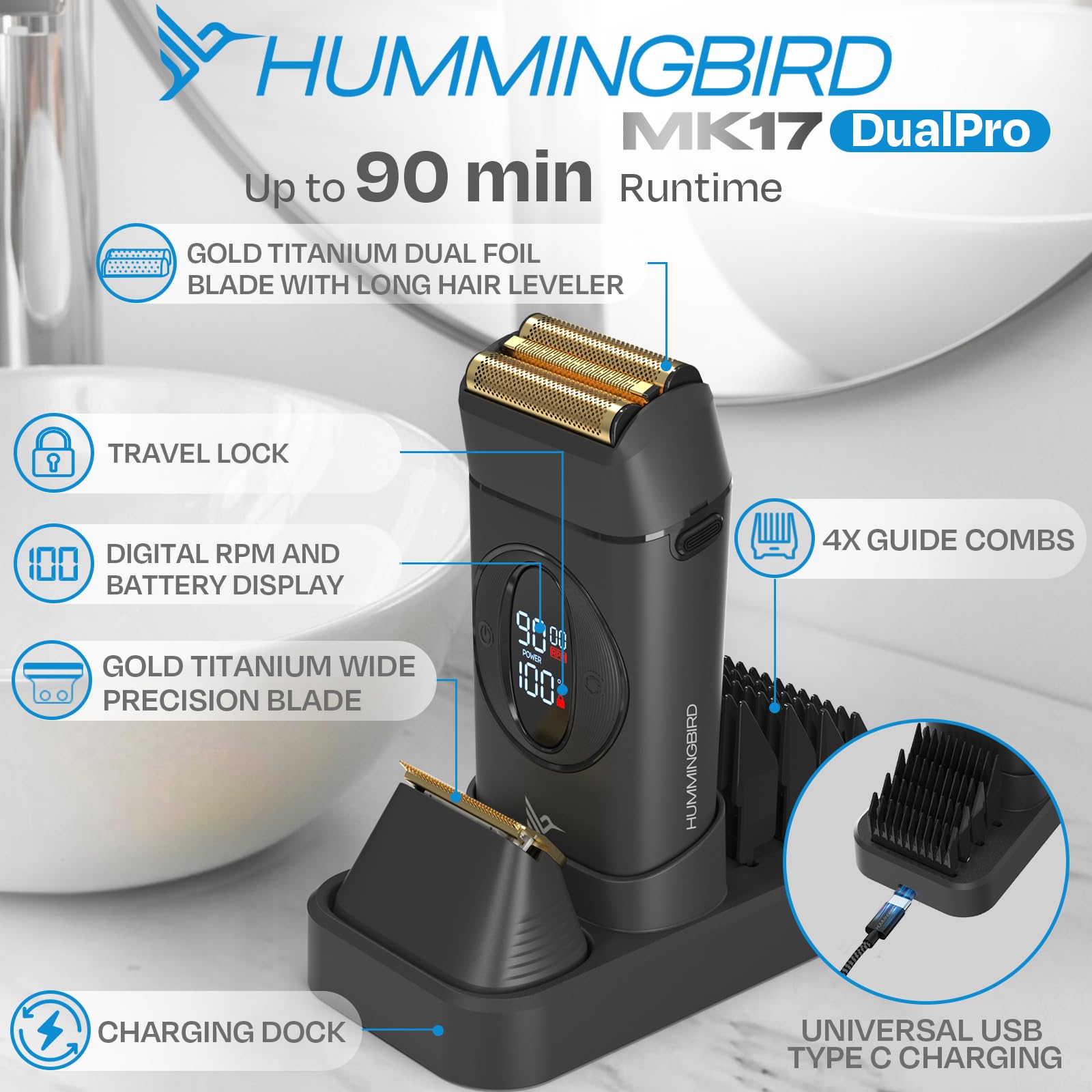 HUMMINGBIRD MK17 DualPro - Rasoio a lamina e regolabarba da uomo, lame in titanio dorato, modalità di rasatura turbo e controllo della coppia, corpo in metallo, monitoraggio digitale della batteria e