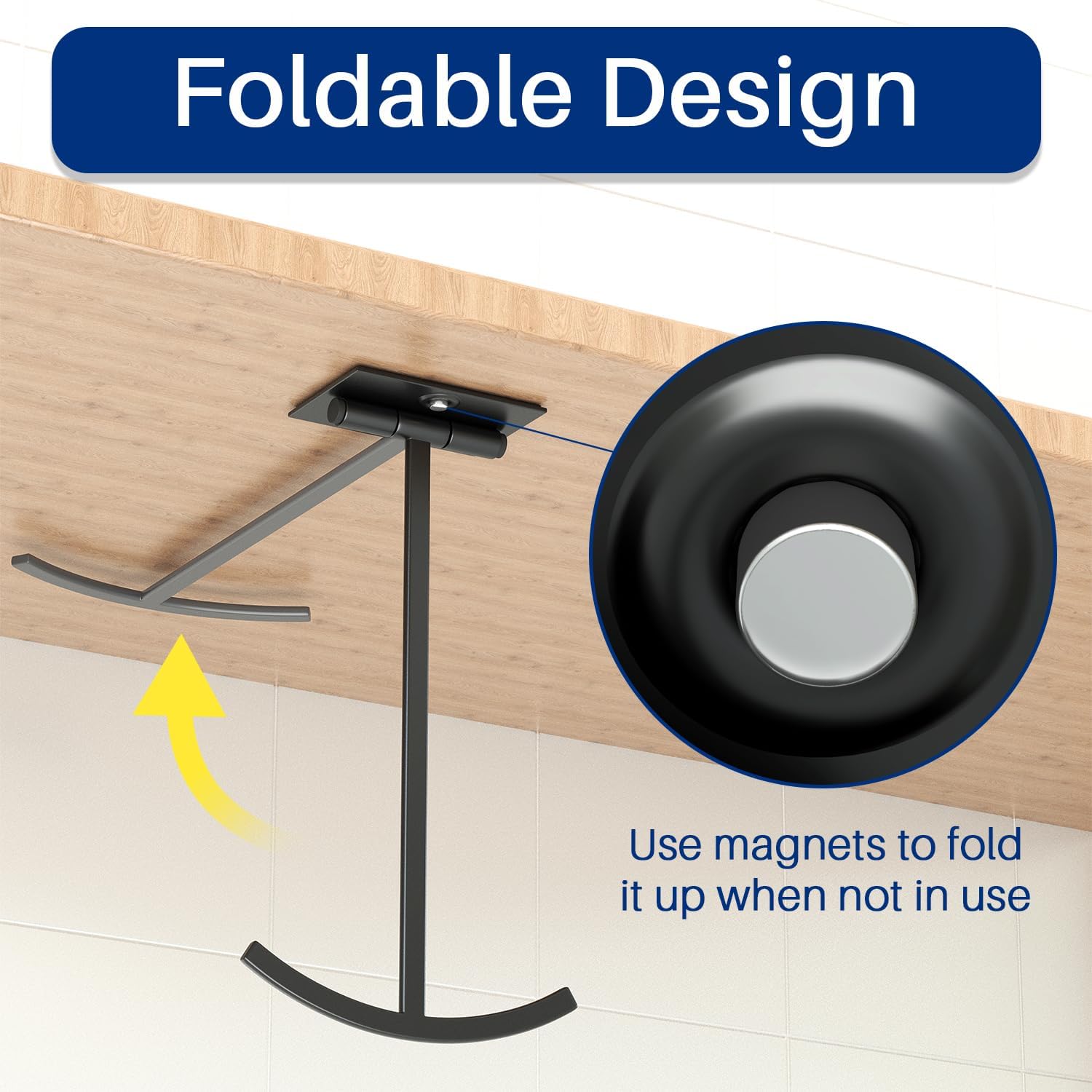 2-Pack Foldable Banana Hooks - Adhesive Under Cabinet Hangers with Magnetic Fold-Up Design, Metal Banana Holders for Kitchen, Black