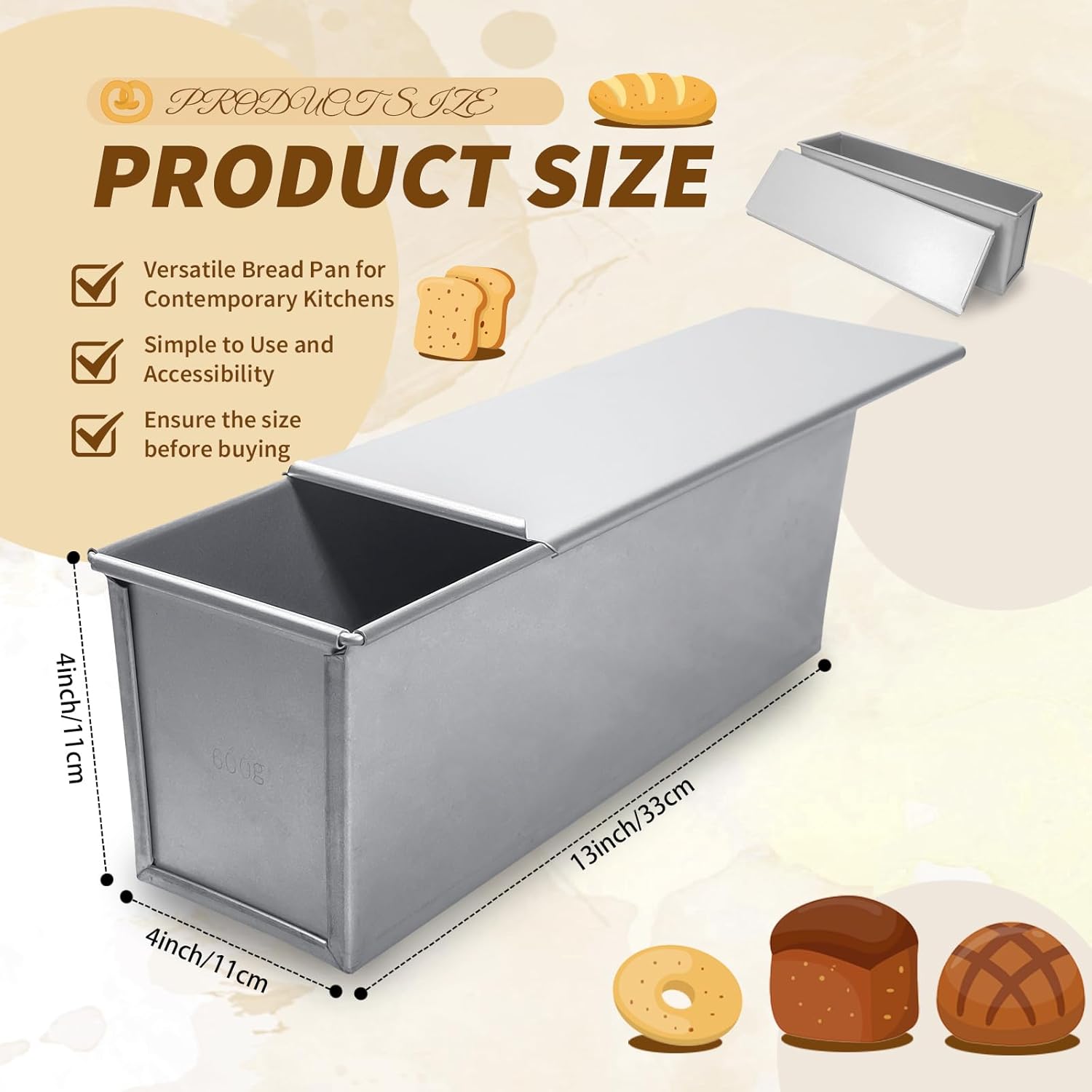 4 Pcs 2 lb Pullman Loaf Pan with Dough Scrapers 13 x 4 Inch Silver Baking Mold Nonstick Coating Pan with Lid for Baking, Bread Toast, for Oven Use - Image 2