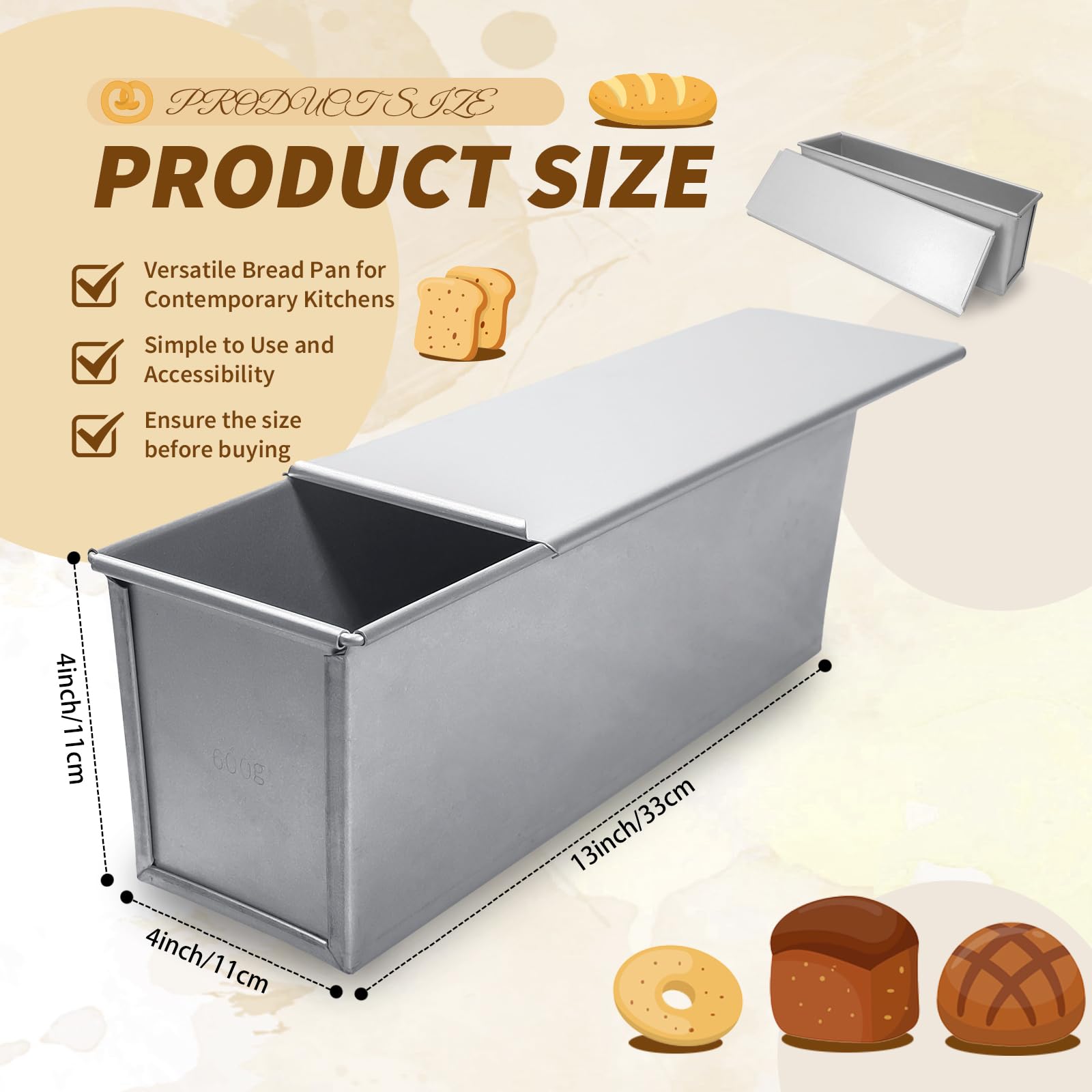 4 moldes para pan Pullman de 2 libras con raspadores de masa de 13 x 4 pulgadas, molde plateado antiadherente con tapa para hornear, tostadas de pan, para uso en horno