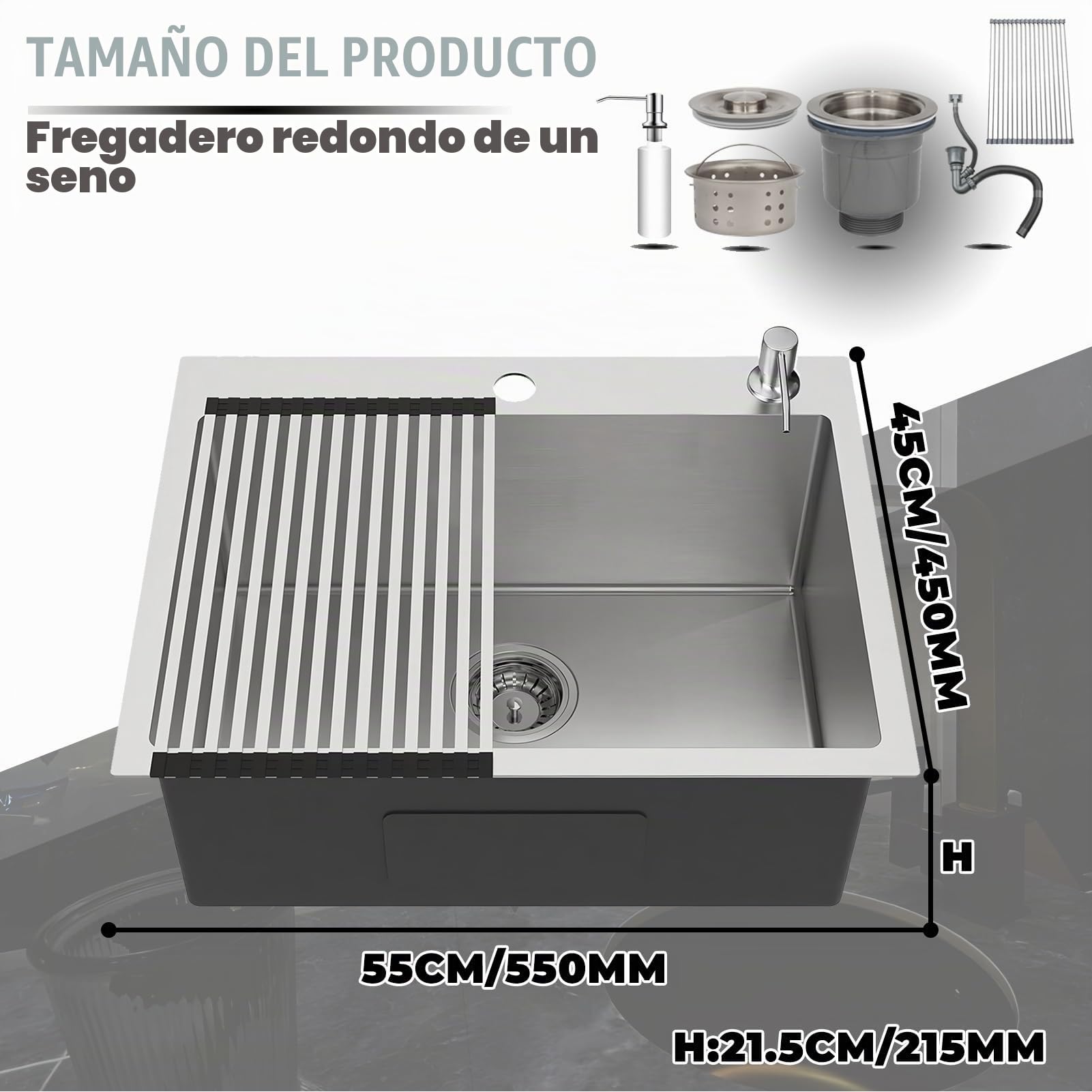 Fregadero Cocina 55 x 45 cm, 1 Seno Fregadero Acero Inoxidable Cepillado, Fregadero con 2 Orificios para Grifo, Bajo Encimera o Sobre Encimera, con Desagüe de sifón y juego de rebosadero