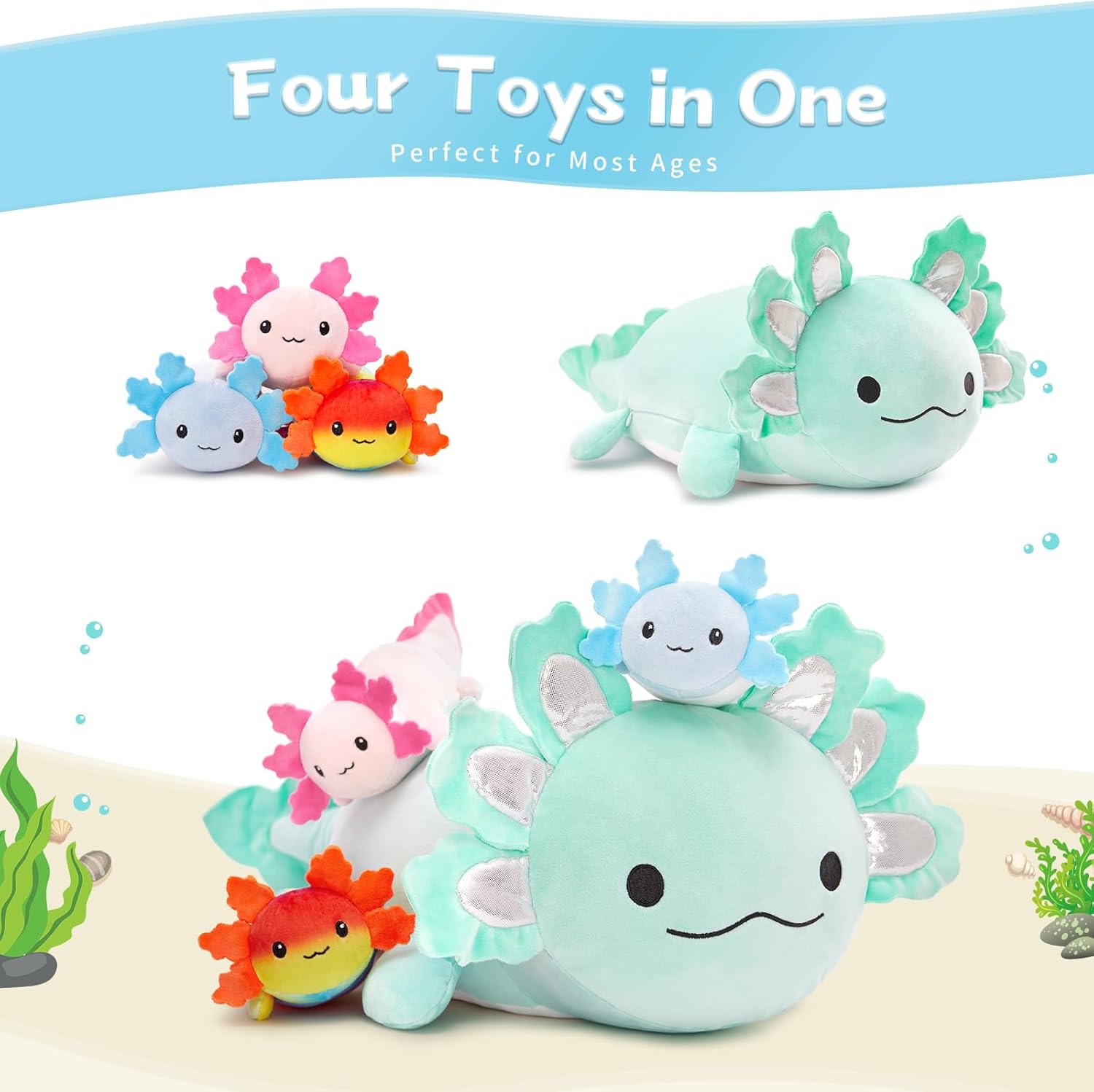 BENINY 4Pcs Axolotl Plush, Large Salamander Stuffed Animal Mommy 24" with 3 Babies in Tummy, Plushie Pillow Gifts for Kids