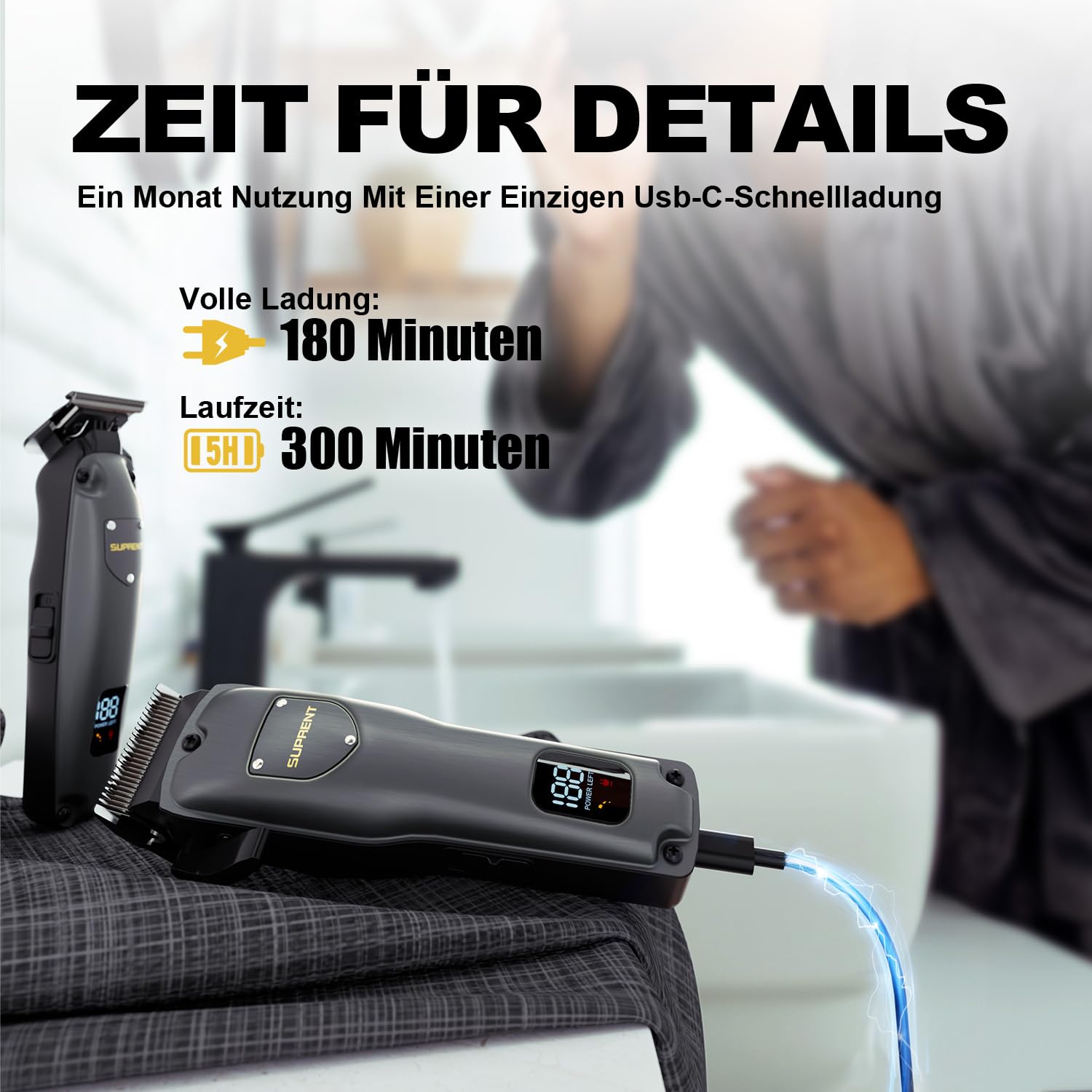 SUPRENT Haarschneidemaschine Set für Herren, Schnurlose Haarschneider Pflegesets, Friseur-Haarschere mit LED-Anzeige, Präzisions Haartrimmer Bartschneider für Männer (Grau)