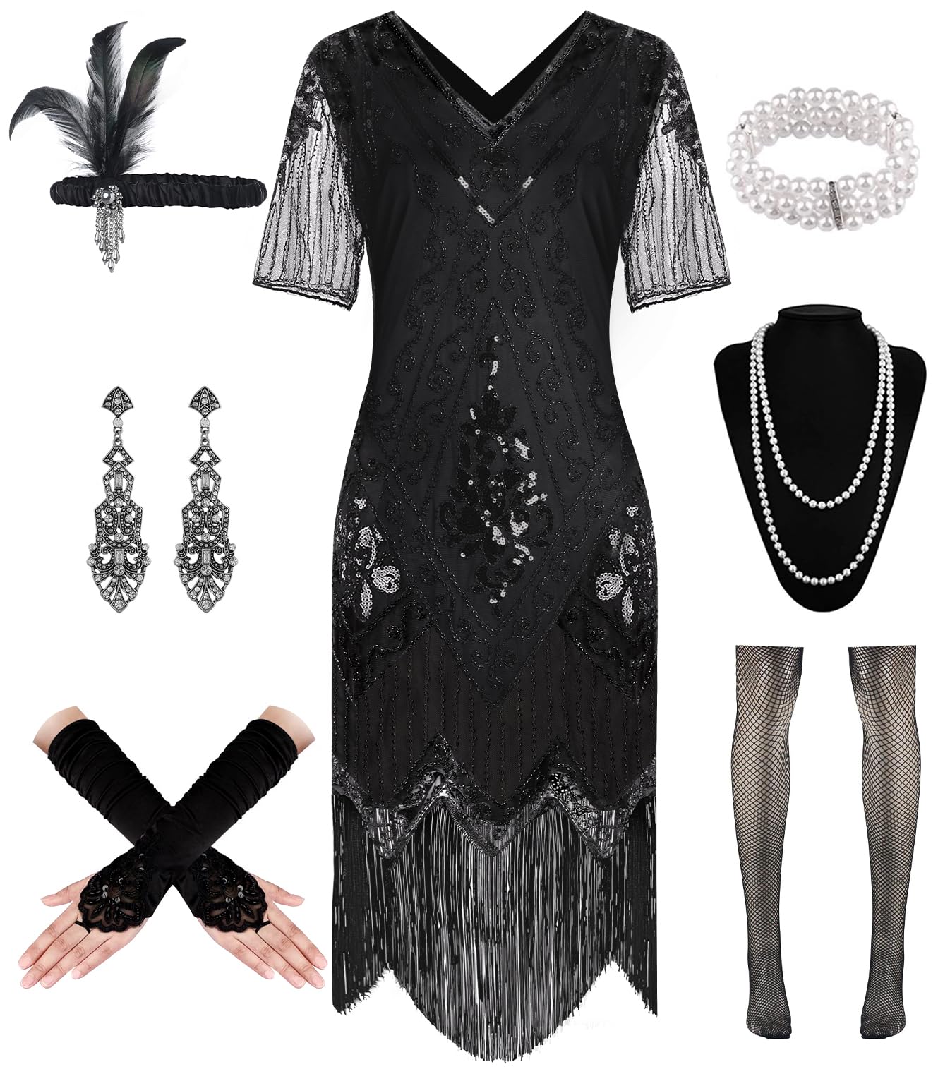 WILDPARTY 1920S Women Flapper Dress Sequin Dress V Neck Lace Fringed Dress Costume with Roaring 20s Accessories