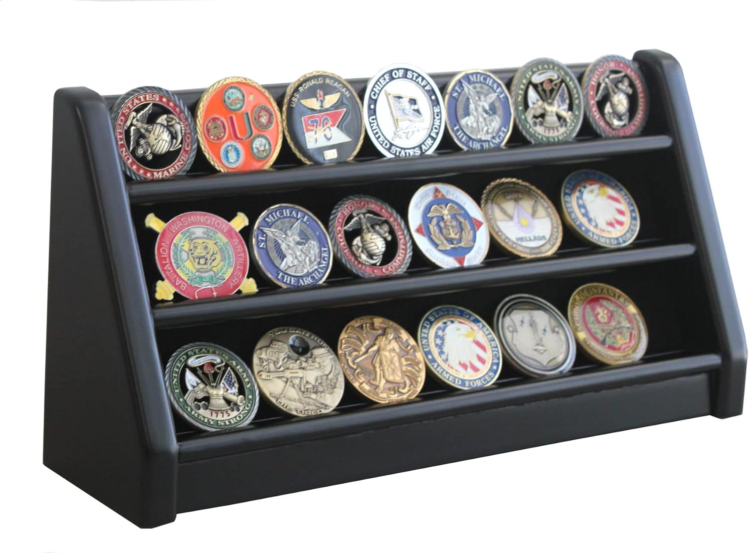 3 Rows Military Challenge Coin Holder Display Stand Rack Shelves, Solid Wood Display Case (Black Finish)