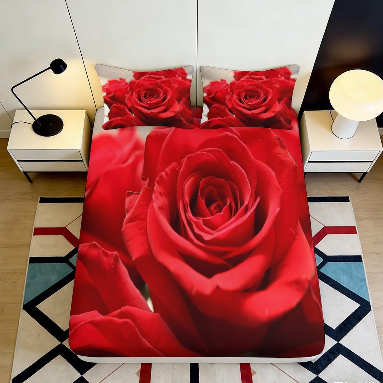 3D Printed romantic rose Fitted Sheet, Microfiber soft touch, wrinkle resistant, bedroom decor, Bed Sheet for apartment bedding, easy care, guest room, anti-slip, red 90x200x25cm