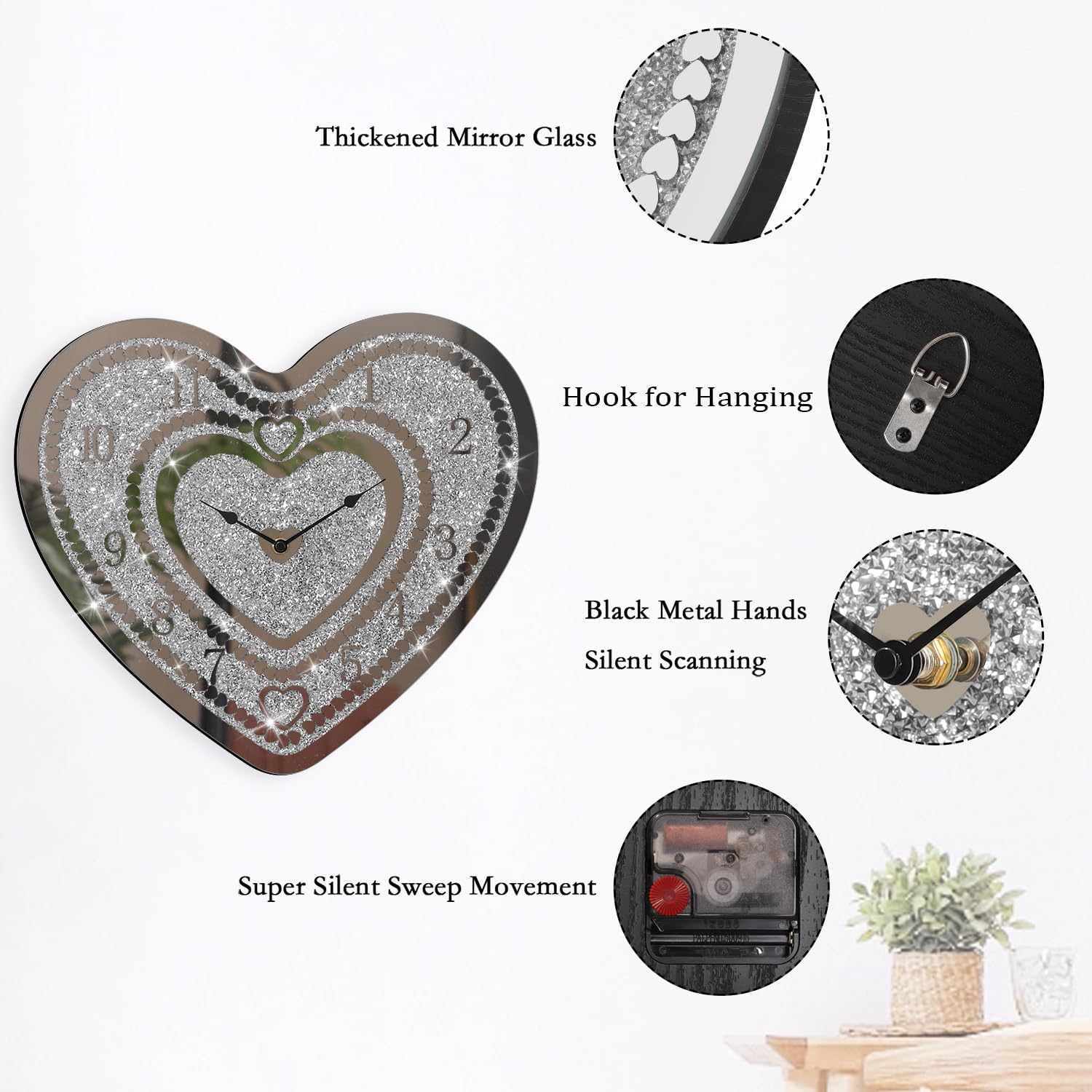 Crystal Wall Clocks for Living Room Decor Heart Shape Silver Diamond Mirrored Wall Clock with Sparkle Twinkle Bling Crushed Diamond for Wall Decoration