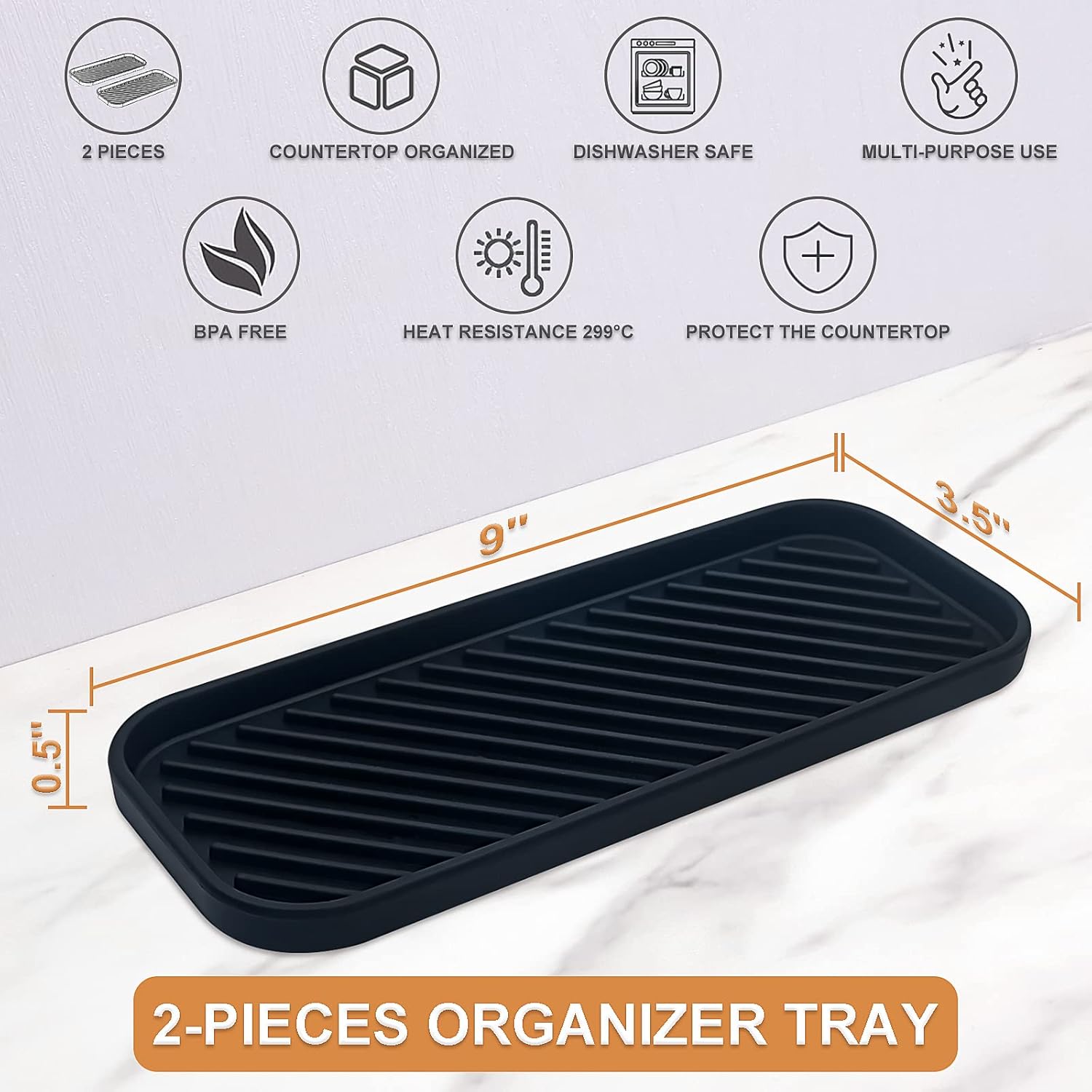HvOvMvE Silicone Organiser Caddy, Kitchen Sink & Bathroom Holder for Sponge Dish Brush and Soap Dispenser (Black 2 Pack, 23.5x9.2cm) - Image 3