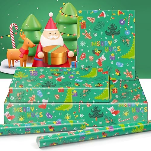 Miniatura 3 de NEPOG Papel de regalo de Navidad con sombreros de Papá Noel, 6 hojas plegadas planas de 20 x 28 pulgadas por hoja, papel de regalo de dinosaurio de