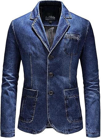 Mens Denim Blazer Office Casual Classic Notch Lapel Vintage Suit Jacket Party Prom Wedding Daily Wear