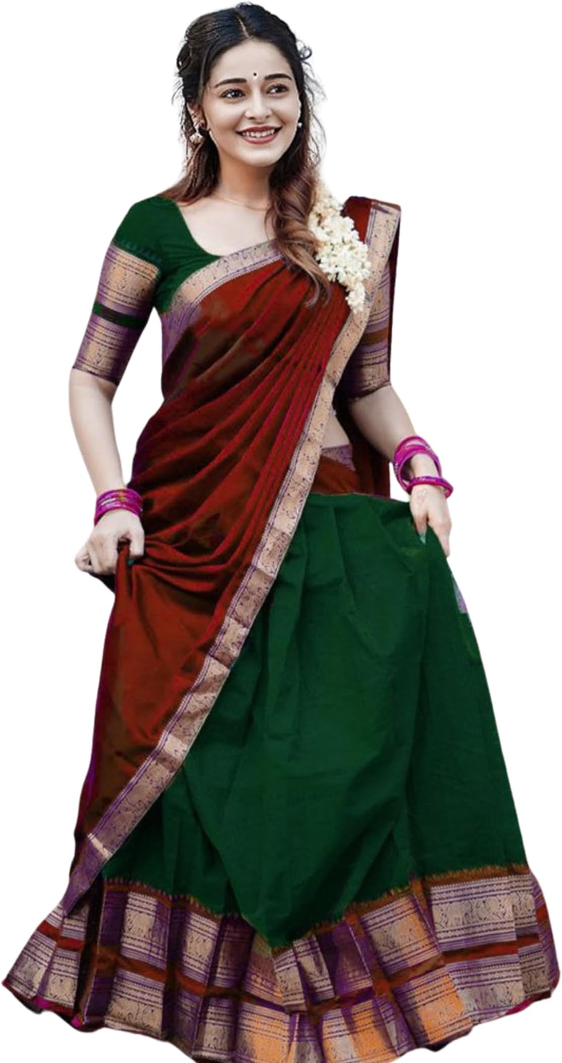 RENVAANI Women's Traditional Kanjivaram Kanchipuram Silk Zari Weaving Unstitched Lehenga Choli with Dupatta