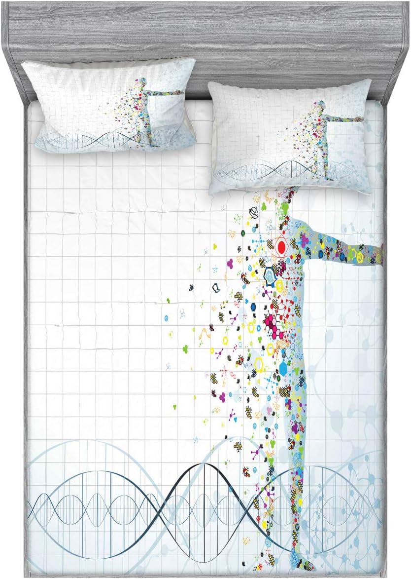 Ambesonne Human Anatomy Fitted Sheet & Pillow Sham Set, Digital Psychedelic Molecule Body of Human DNA Genetic Helix Life Art Design, Decorative Printed 3 Piece Bedding Decor Set, Full, Pale Blue