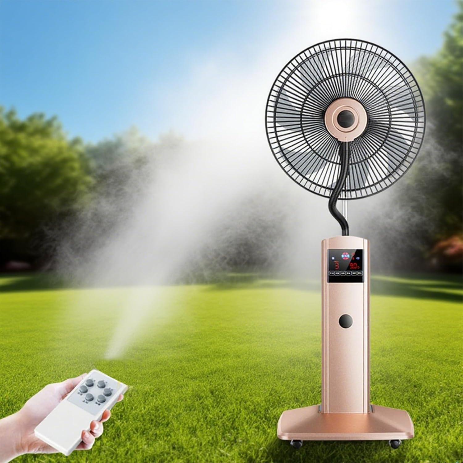 Standing Oscillating Misting Fan, Outdoor Fan with 1.8L Water Tank, Pedestal Fanes Oscillating with Remote Control, 3-Speed and 90° Swing, 8 Hour Timer, for Patio, Factory