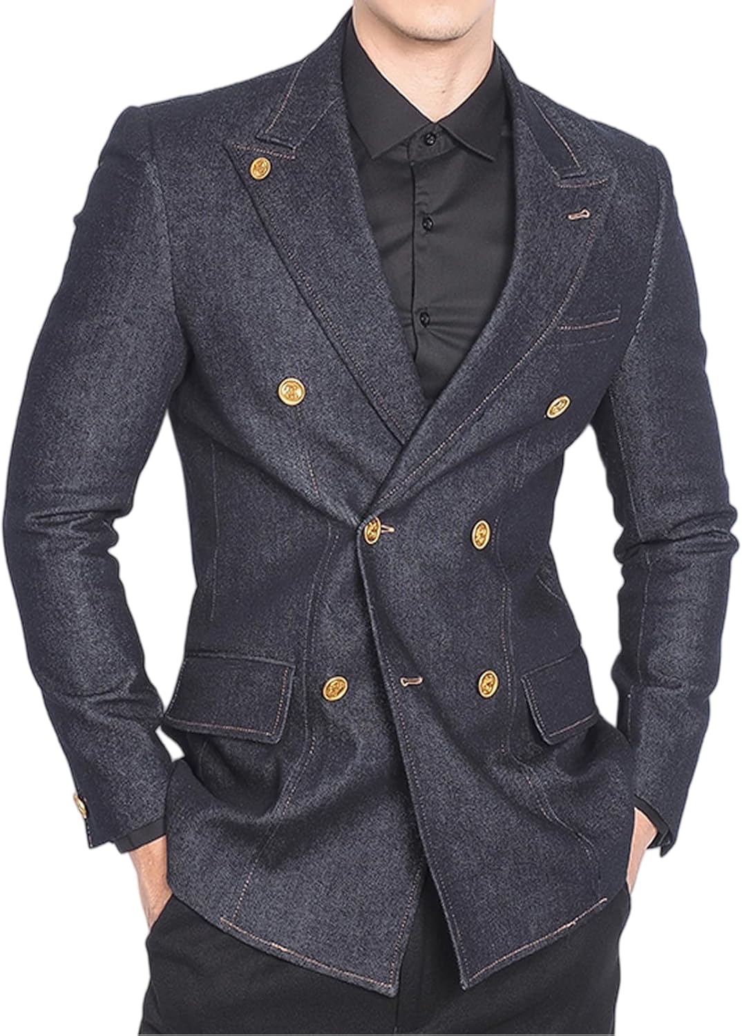 VENNYNG Men‘s Denim-Style Double Breasted Blazer Casual Textured Sport Coat Modern Western & Business Casual Jacket
