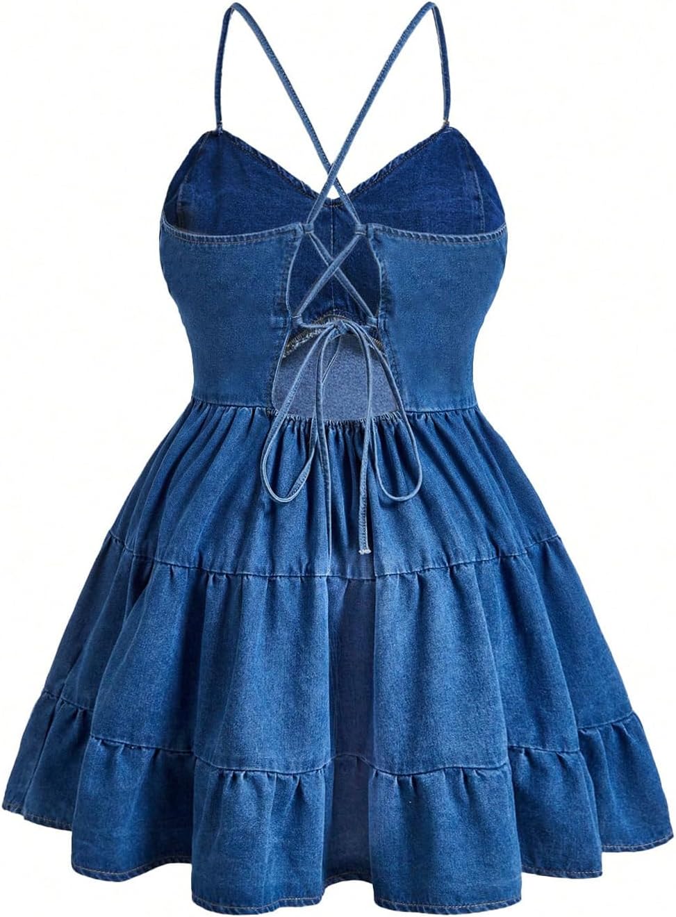 SweatyRocks Women's Plus Size Denim Dress Sleeveless Lace Up Backless Flared Ruffle Jean Dress - Image 2