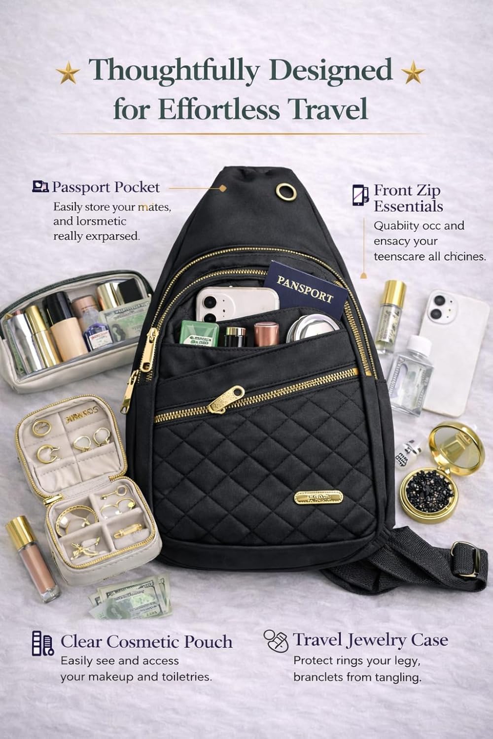 Travel Essentials Gift Set for Women – 7 Pc Travel Kit with Sling Bag, TSA Pouch, Jewelry Case & Sleep Mask