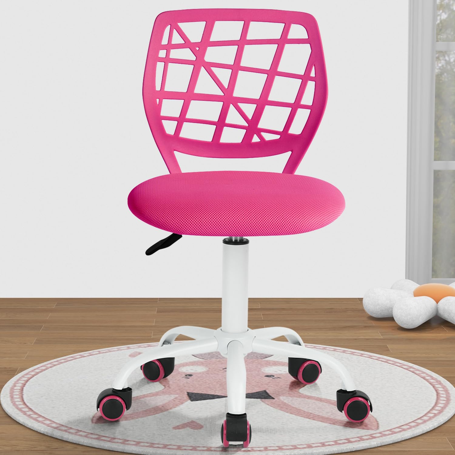FurnitureR Kids Pink Desk Chair, Adjustable Swivel Study Chair with Mesh Padded Seat, Rolling Armless Task Chair with Plastic Backrest, Gift-Ready for