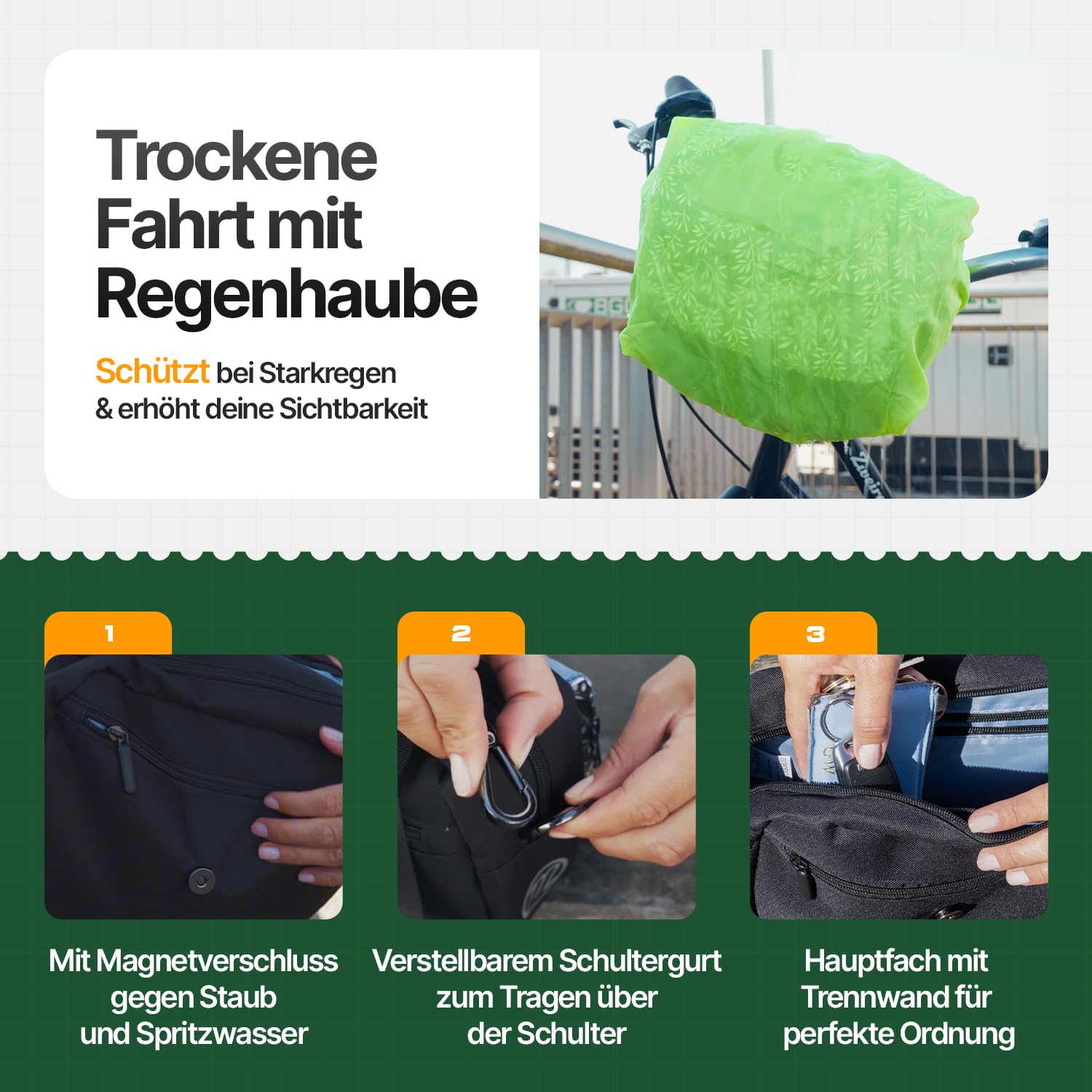 Lenkertasche Fahrad – KLICKfix® kompatibel | 5L Volumen | Spritzwassergeschützt & robust | Inkl. Regenhaube | Ideal für E-Bike, Rennrad & Citybike (Schwarz)