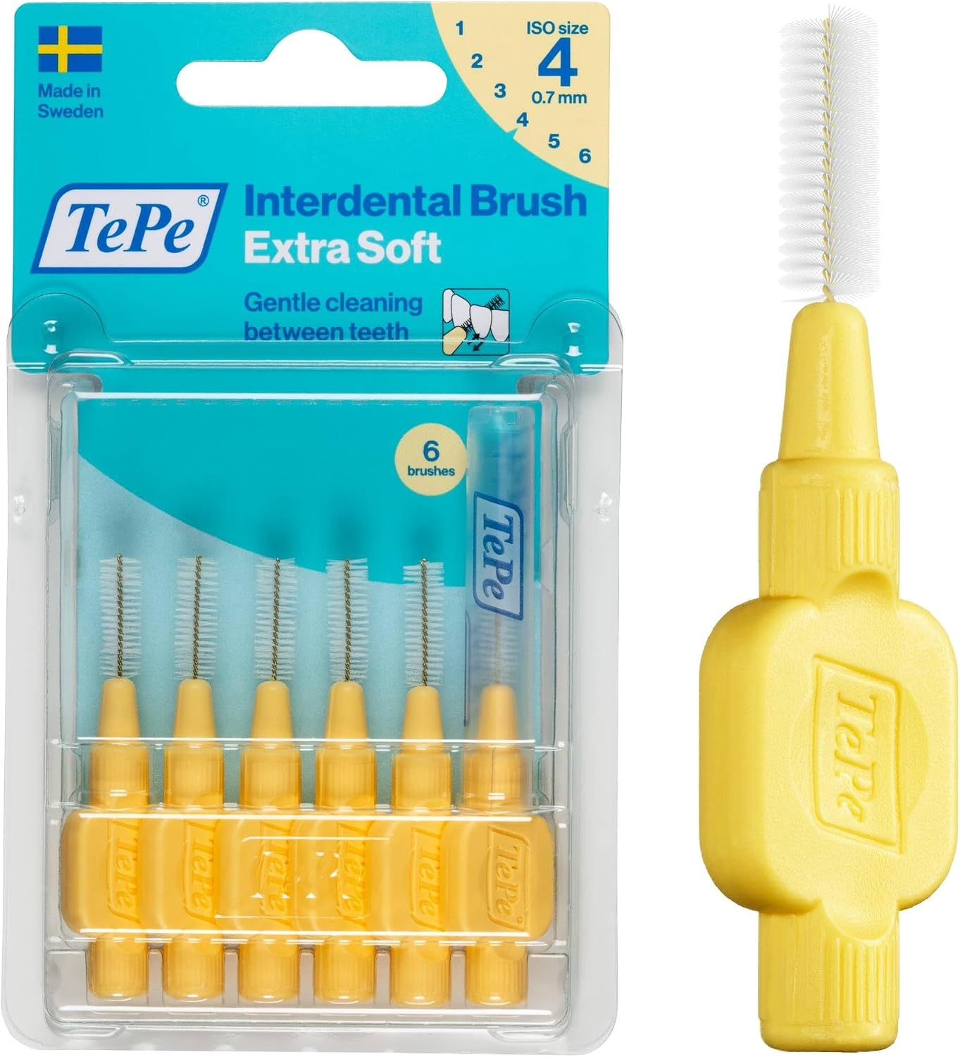 TePe Arayüz Fırçası, Ekstra Yumuşak, Sarı, 0.7mm/ISO 4, 6 adet | Etkili Diş Arası Temizliği, Plak Temizleyici, Hassas Diş Eti ve Dişler İçin, Küçük Aralıklar İçin Fırça